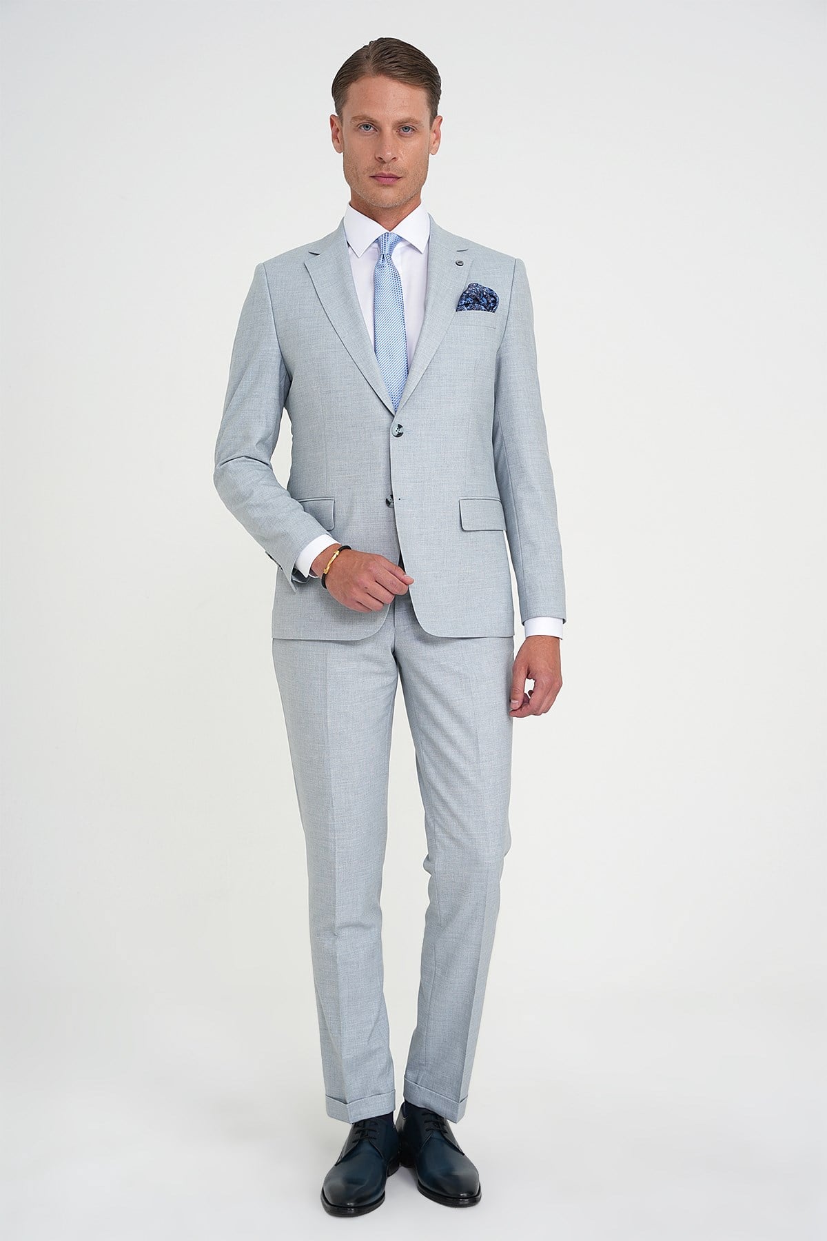 Slim Fit Çift Yırtmaç Esnek Yün Mavi Takım Elbise Tk 918