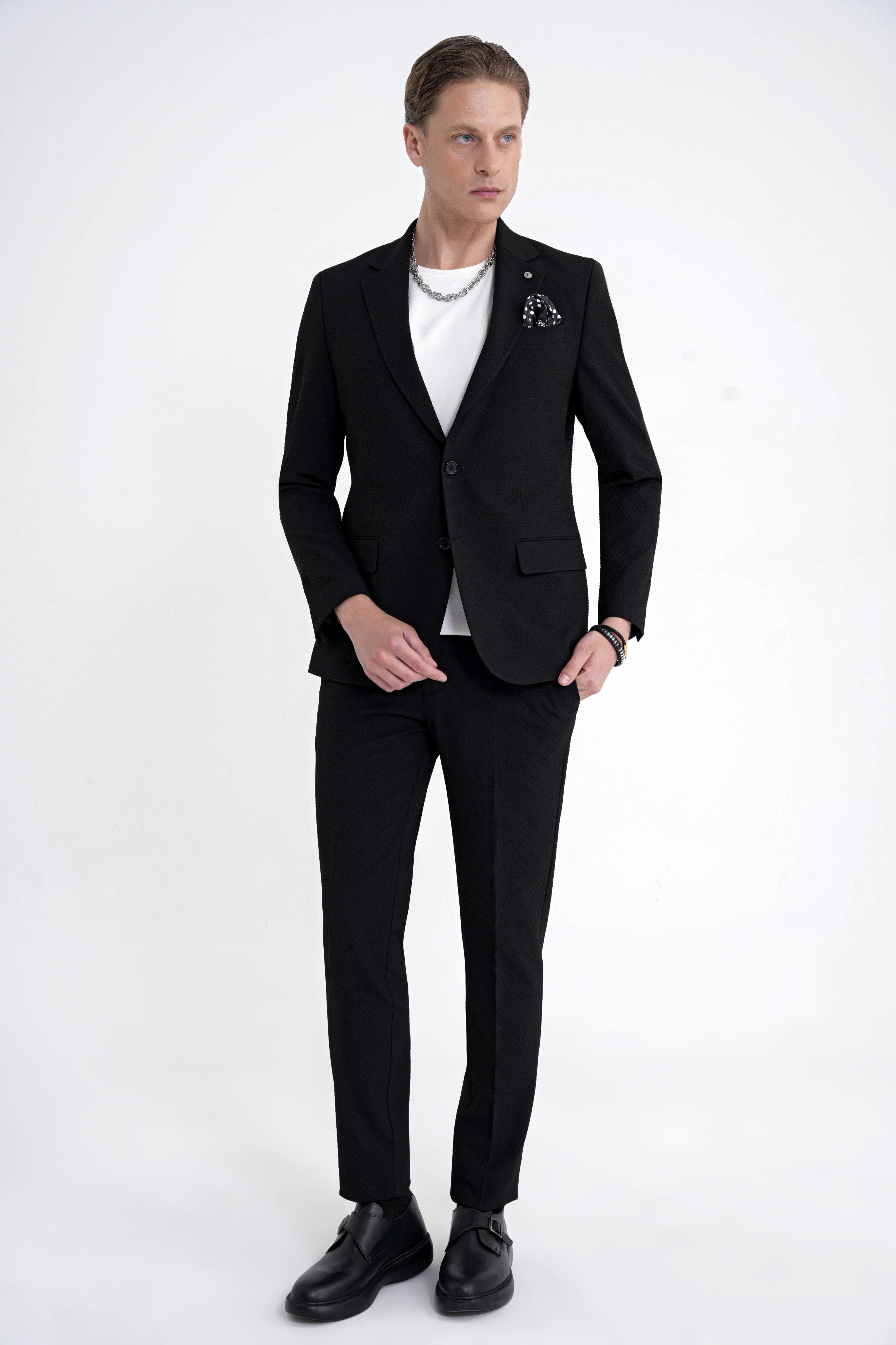 Slim Fit Çift Yırtmaç Gofre Kumaş Esnek Siyah Spor Takım Elbise TK 940