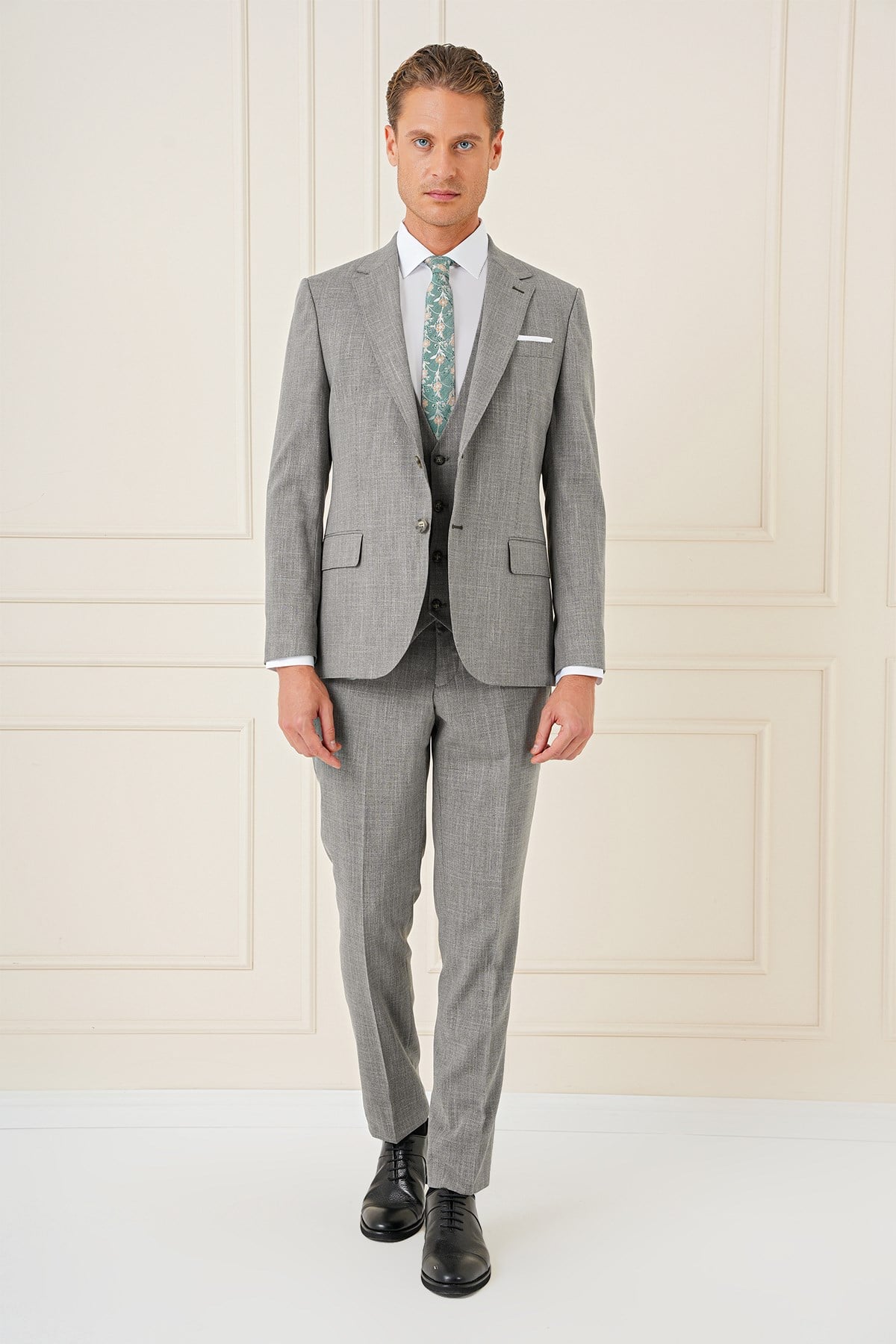 Slim Fit Çift Yırtmaç Kırçıllı Dokuma Haki Yelekli Takım Elbise TK 902