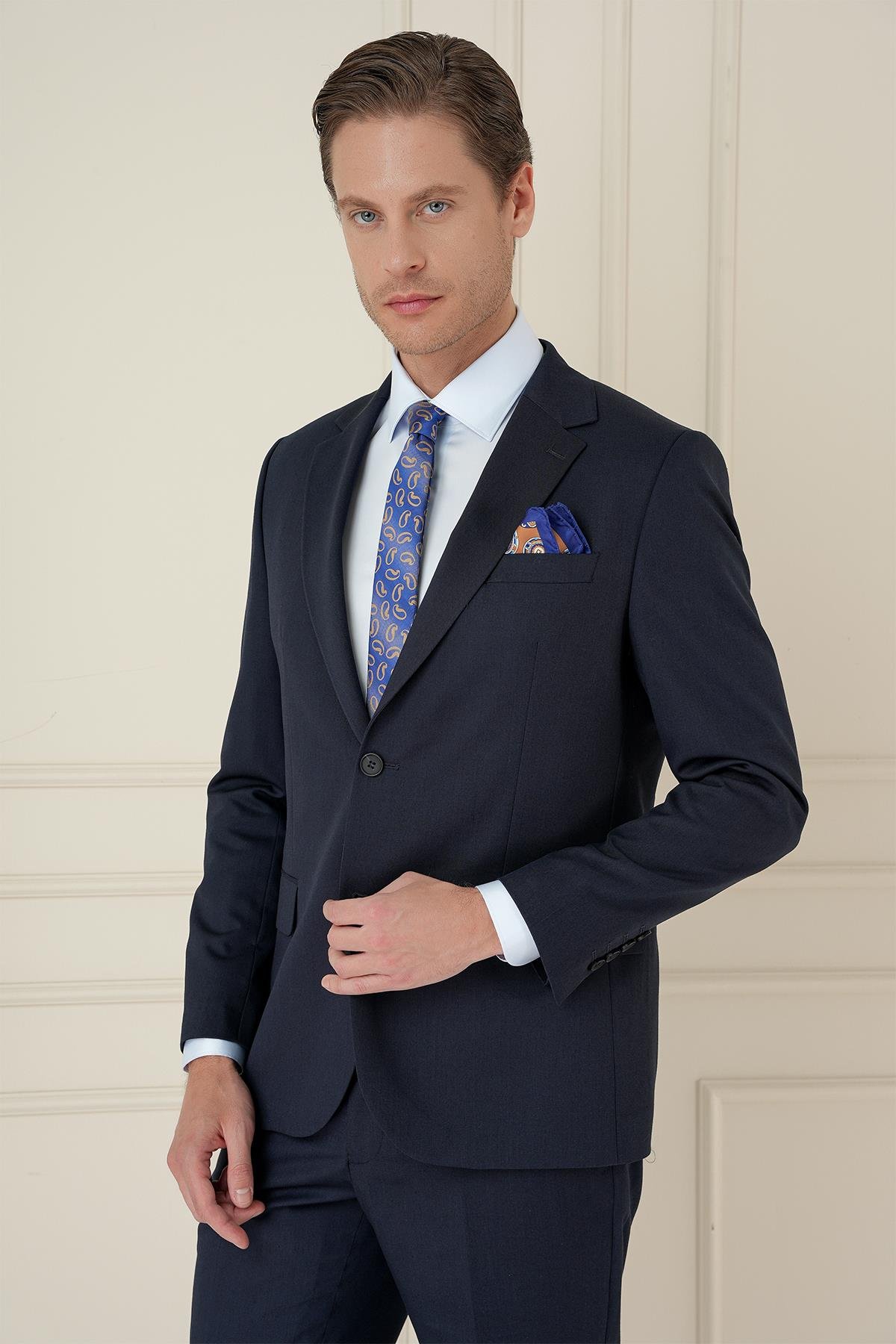 Slim Fit Çift Yırtmaç Mono Yaka Klasik Lacivert Takım Elbise Tk 912