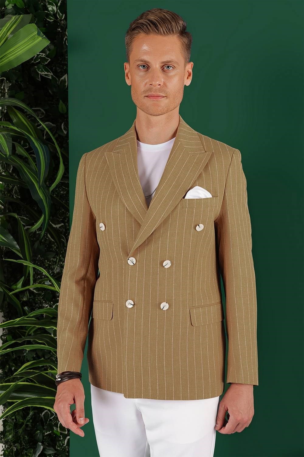 Slim Fit Çift Yırtmaç Pamuklu Çizgili Kruvaze Camel Ceket C 644