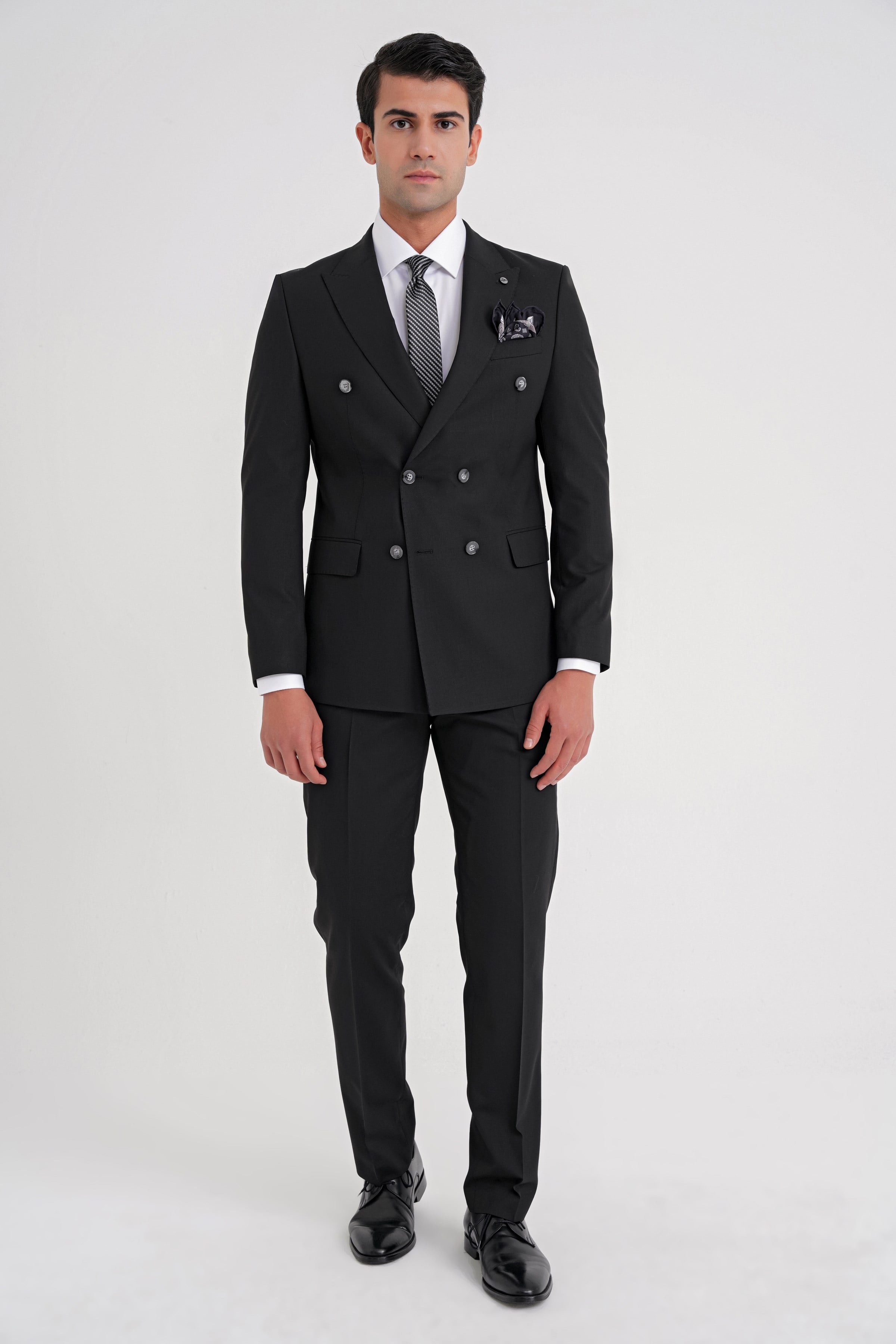 Slim Fit Çift Yırtmaç Yünlü Esnek Düz Siyah Kruvaze Takım Elbise TK 920