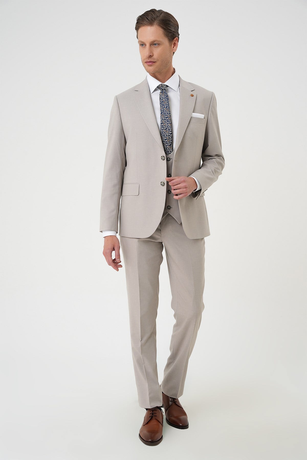 Slim Fit Çift Yırtmaç Yünlü Yelekli Klasik Taş Takım Elbise Tk 914