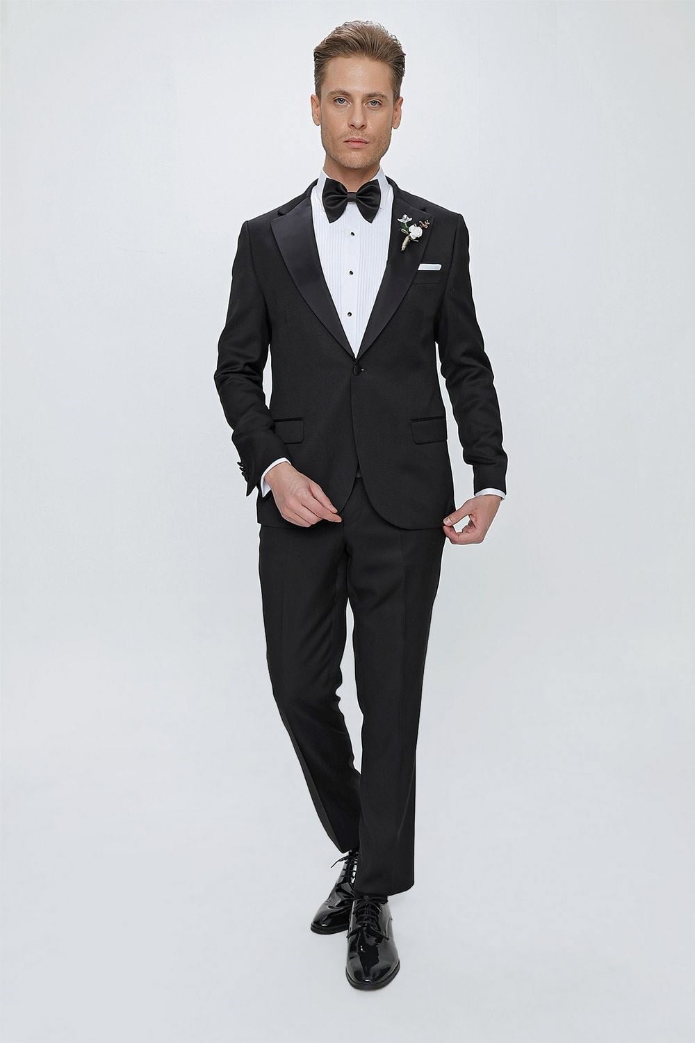 Slim Fit Çıkarılabilir Saten Yaka Siyah Damatlık Smokin Takım Black 062