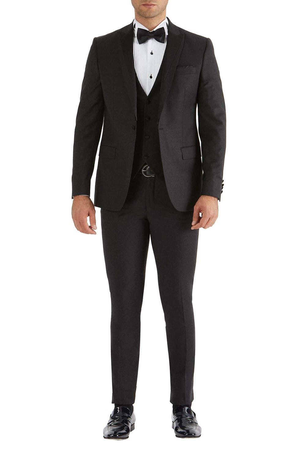 Slim Fit Çıkarılabilir Saten Yaka Yelekli Siyah Damatlık Smokin Takım Black 034