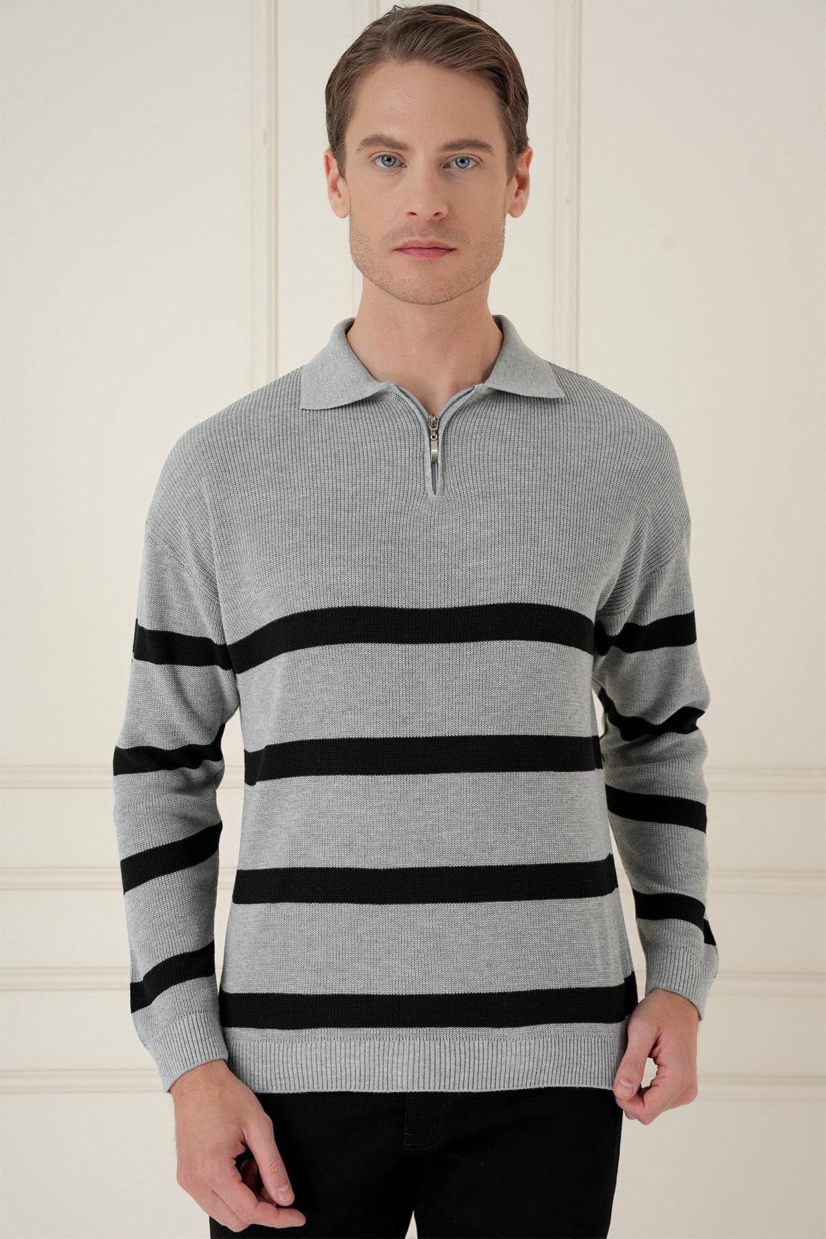 Slim Fit Çizgili Fermuarlı Polo Yaka Gri Triko Kazak TR 877