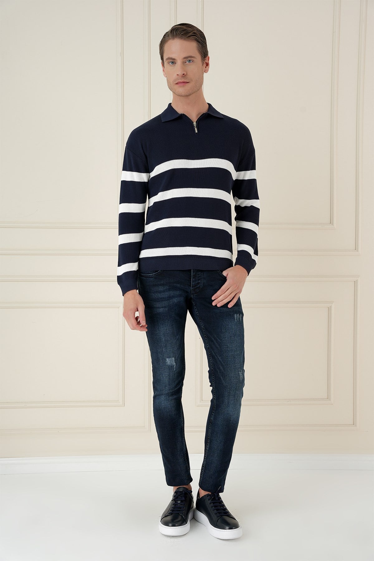 Slim Fit Çizgili Fermuarlı Polo Yaka Lacivert Triko Kazak TR 877