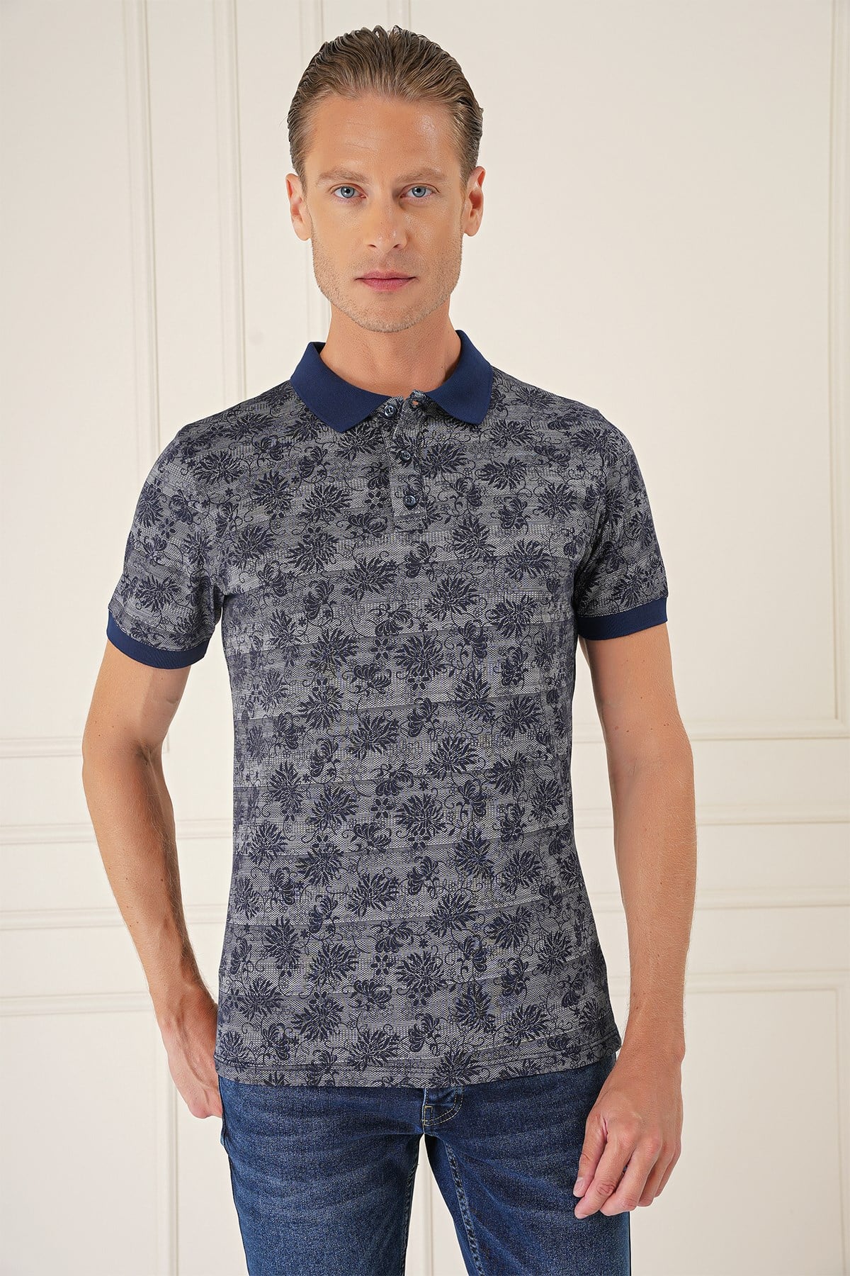 Slim Fit Dal Yaprak Desen Polo Yaka Pamuklu Lacivert Tişört Ts 884