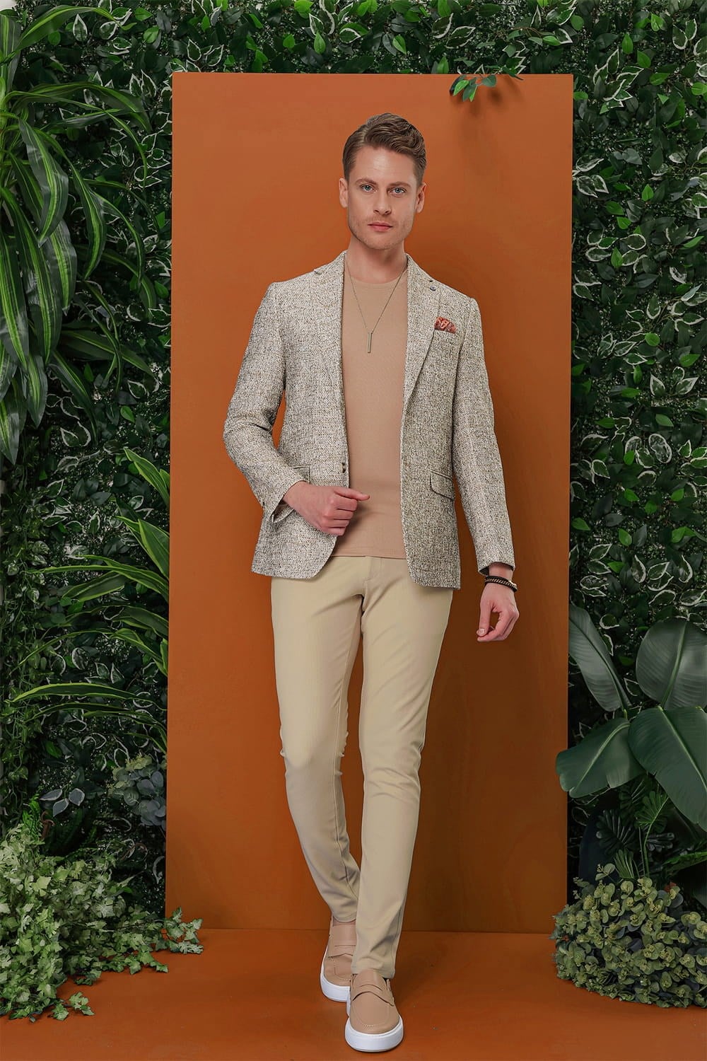 Slim Fit Doku Desenli Esnek Pamuk Bej Pantolon P 1120