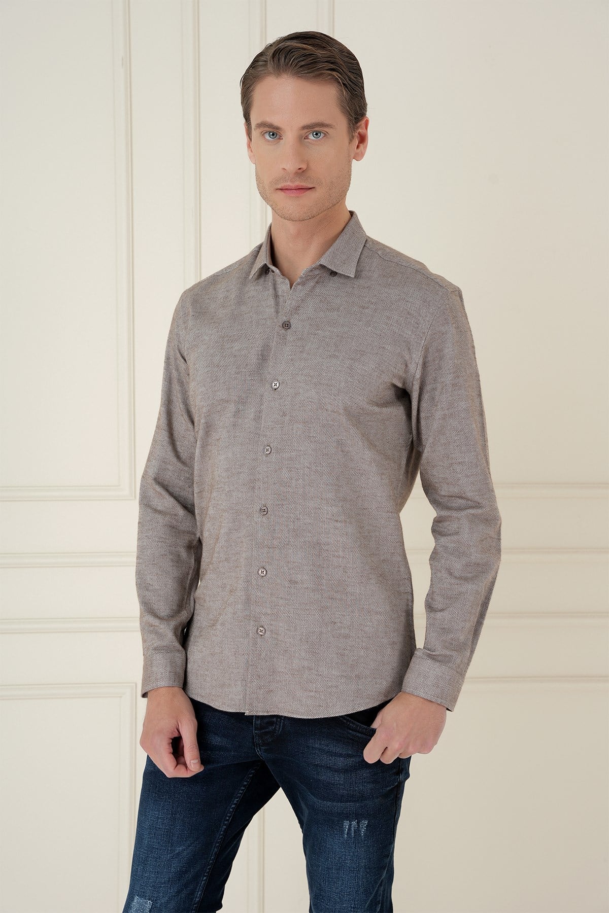Slim Fit Dokulu %100 Pamuk Toprak Gömlek G 1584