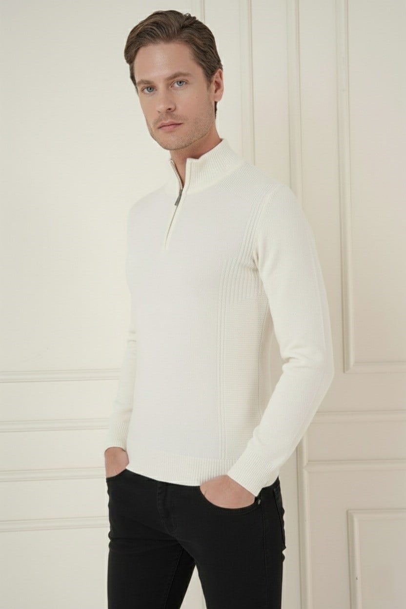 Slim Fit Dokuma Desenli Fermuarlı Yarım Balıkçı Yünlü Ekru Triko Kazak TR 893