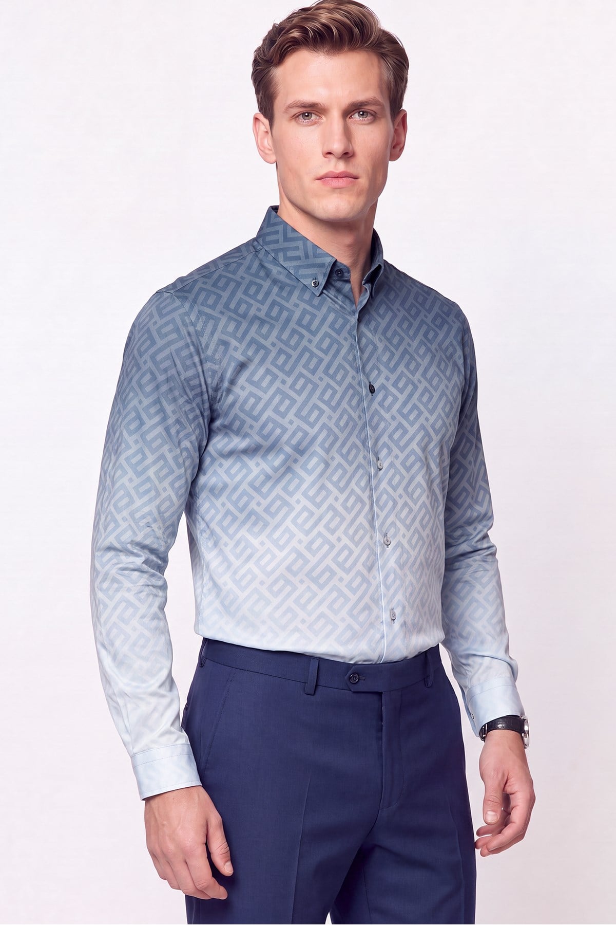 Slim Fit Düğme Yaka Desenli Mavi Gömlek G 1611 