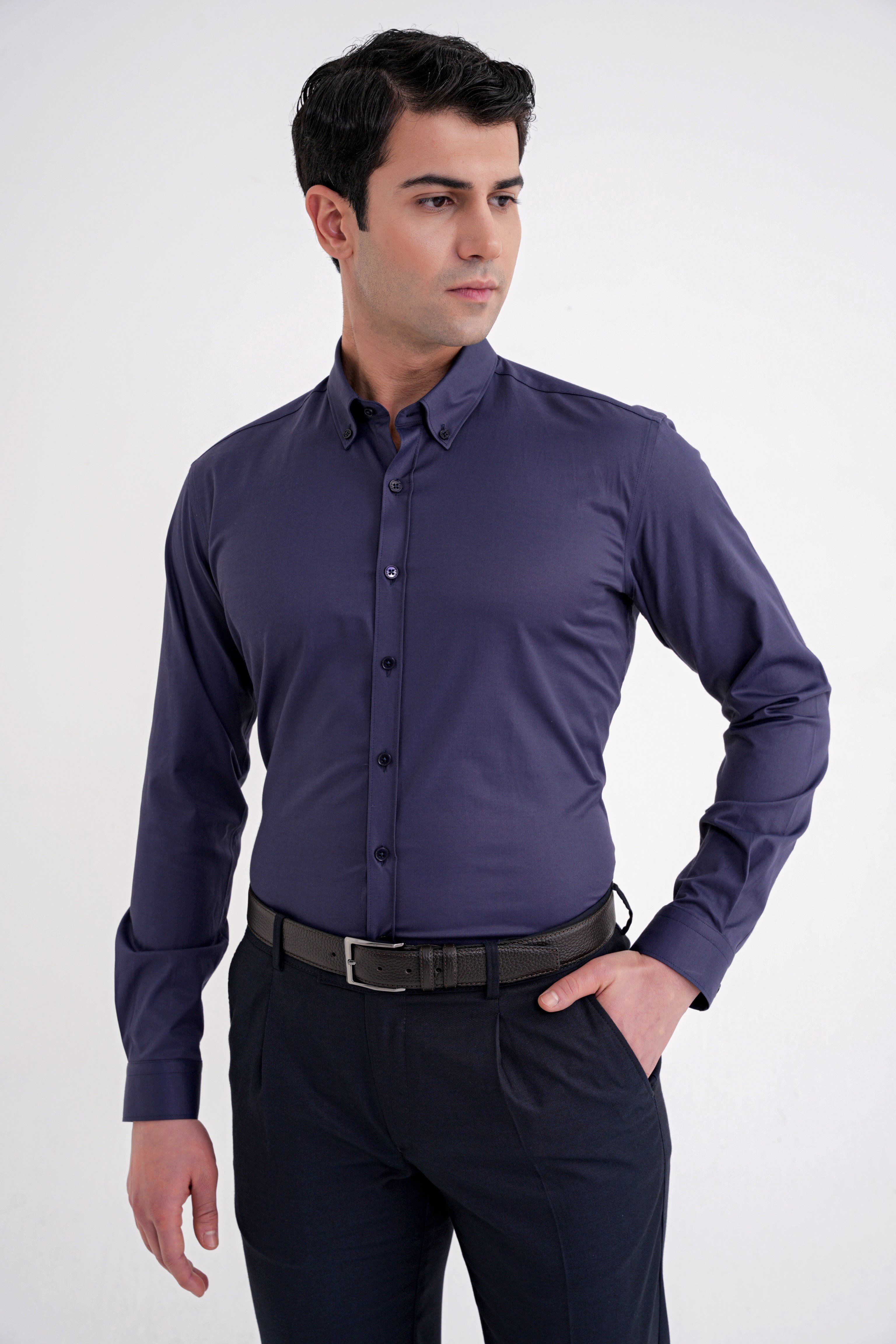 Slim Fit Düğme Yakalı Esnek Pamuk Lacivert Gömlek GK 754
