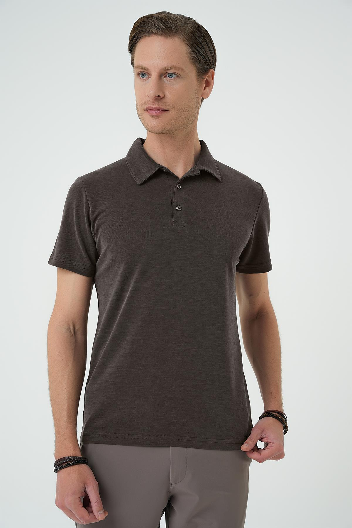 Slim Fit Düğmeli Polo Yaka Pamuklu Koyu Vizon Tişört Ts 879