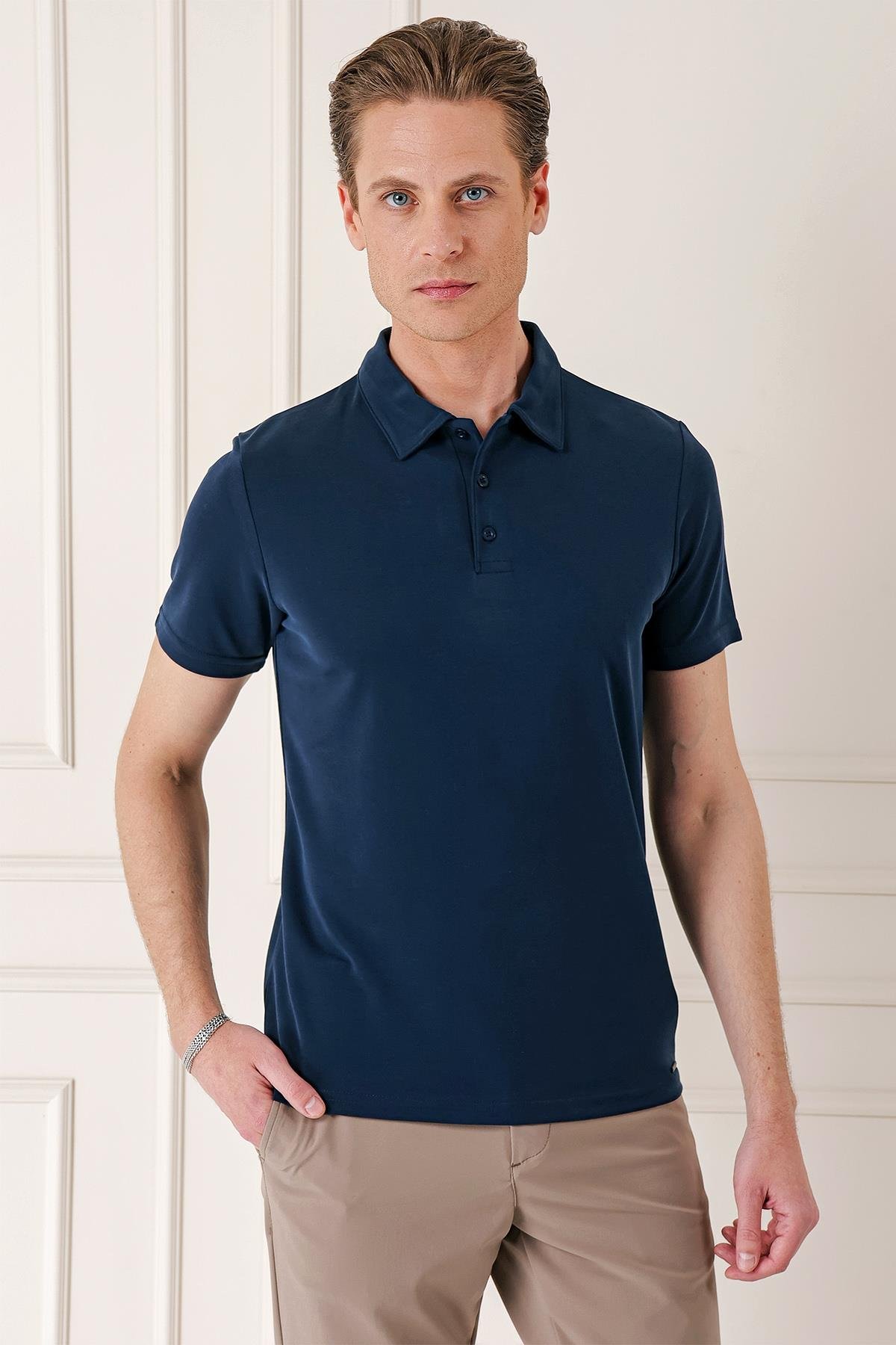 Slim Fit Düğmeli Polo Yaka Pamuklu Lacivert Tişört Ts 879