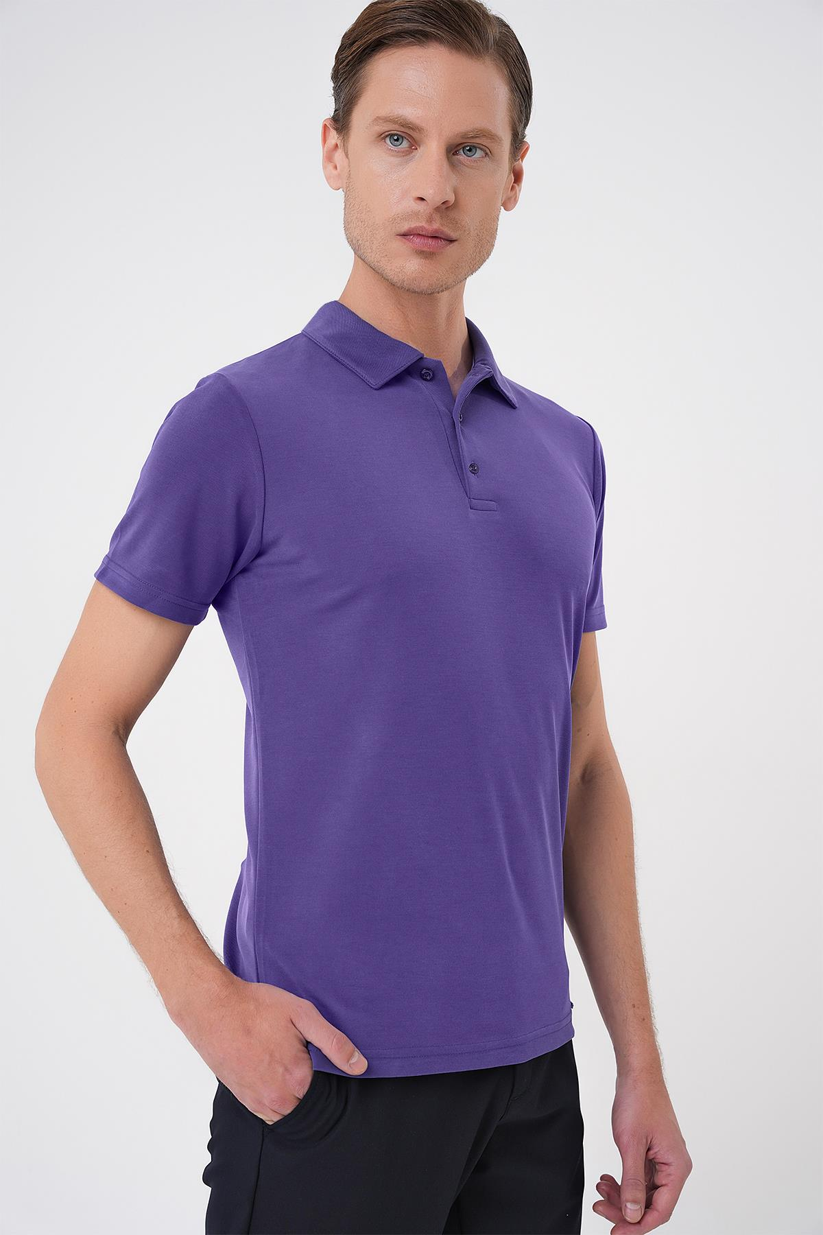 Slim Fit Düğmeli Polo Yaka Pamuklu Mor Tişört Ts 879