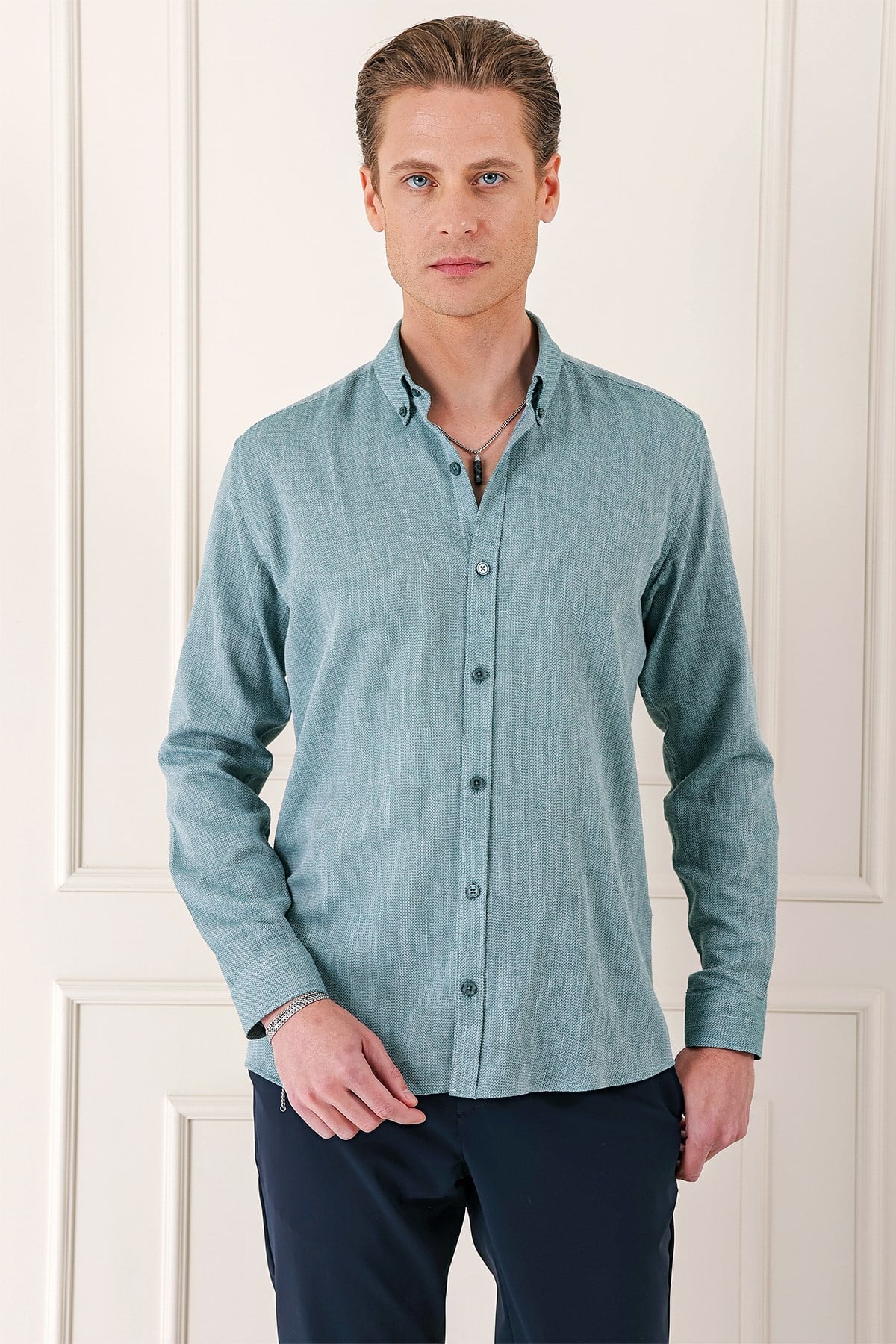 Slim Fit Düğmeli Yaka %100 Pamuk Klasik Yeşil Gömlek Gk 723