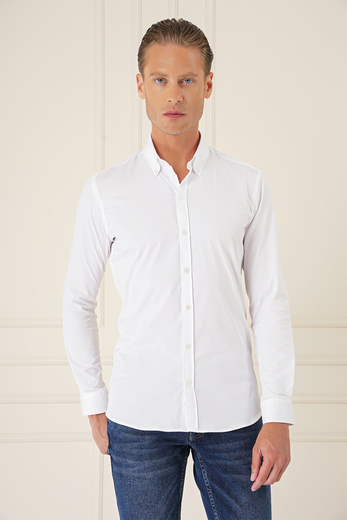 Slim Fit Düğmeli Yaka Esnek Pamuk Beyaz Gömlek Gk 727