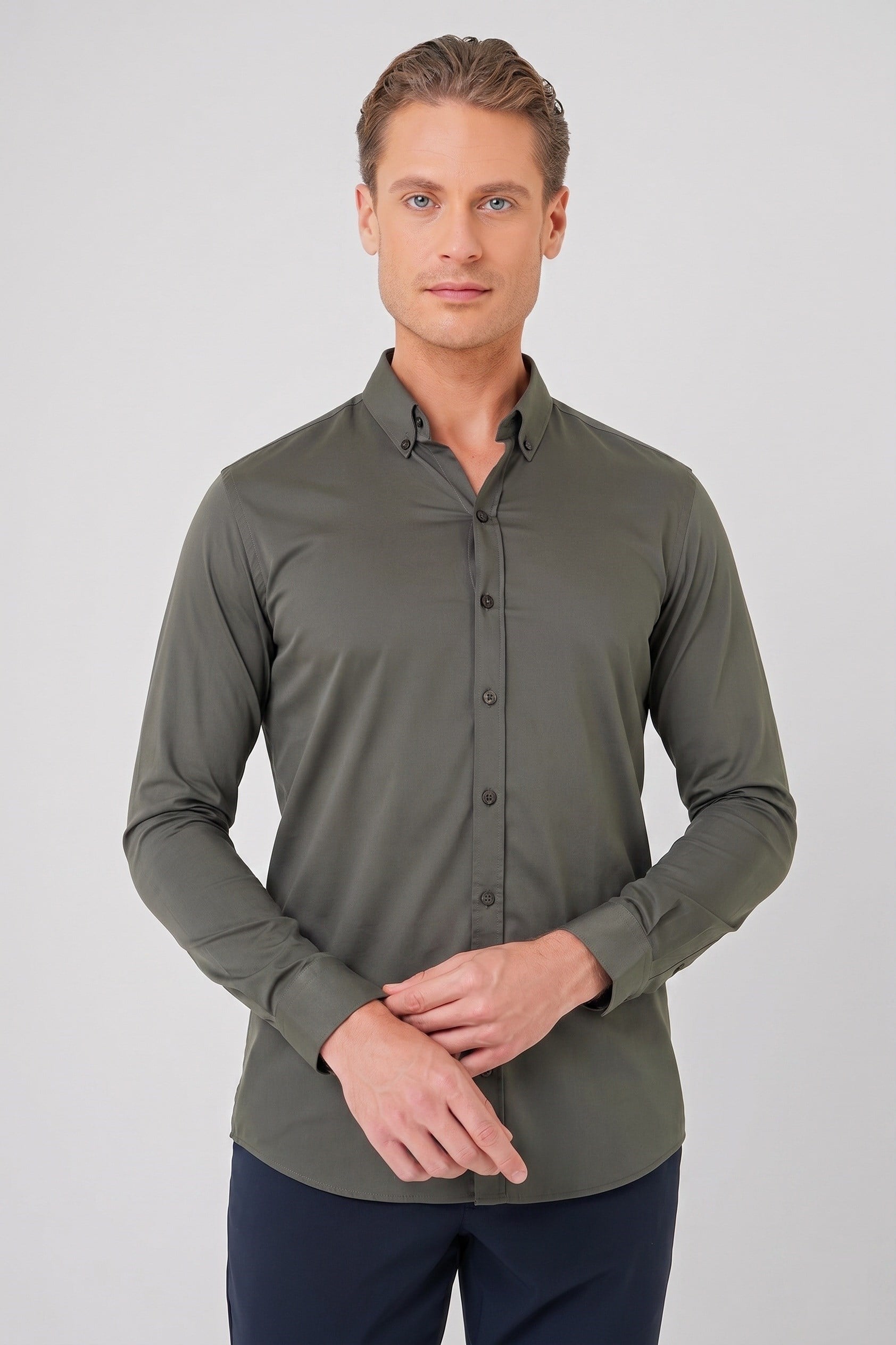 Slim Fit Düğmeli Yaka Esnek Pamuk Haki Gömlek Gk 727
