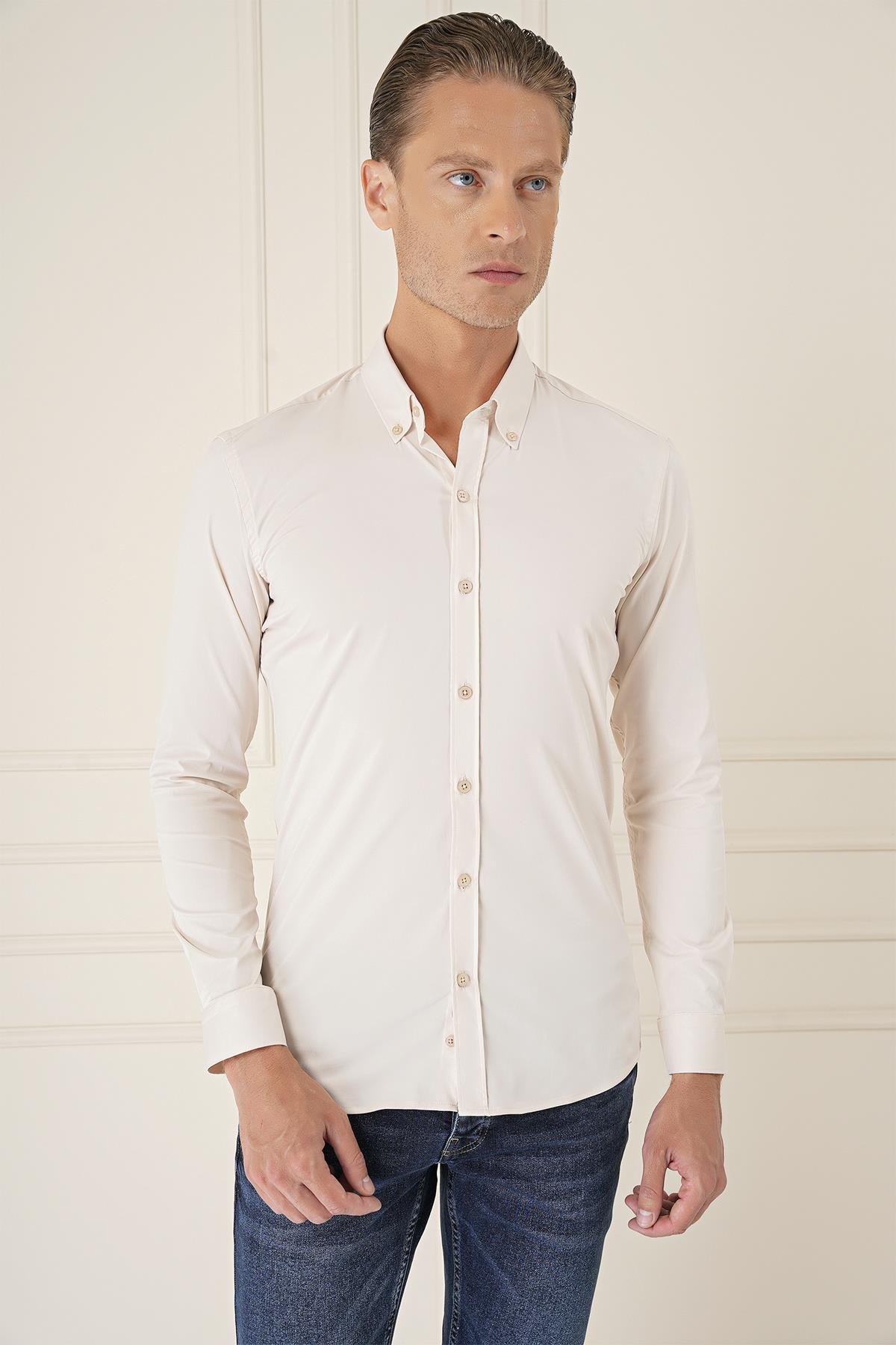 Slim Fit Düğmeli Yaka Esnek Pamuk Klasik Bej Gömlek Gk 727