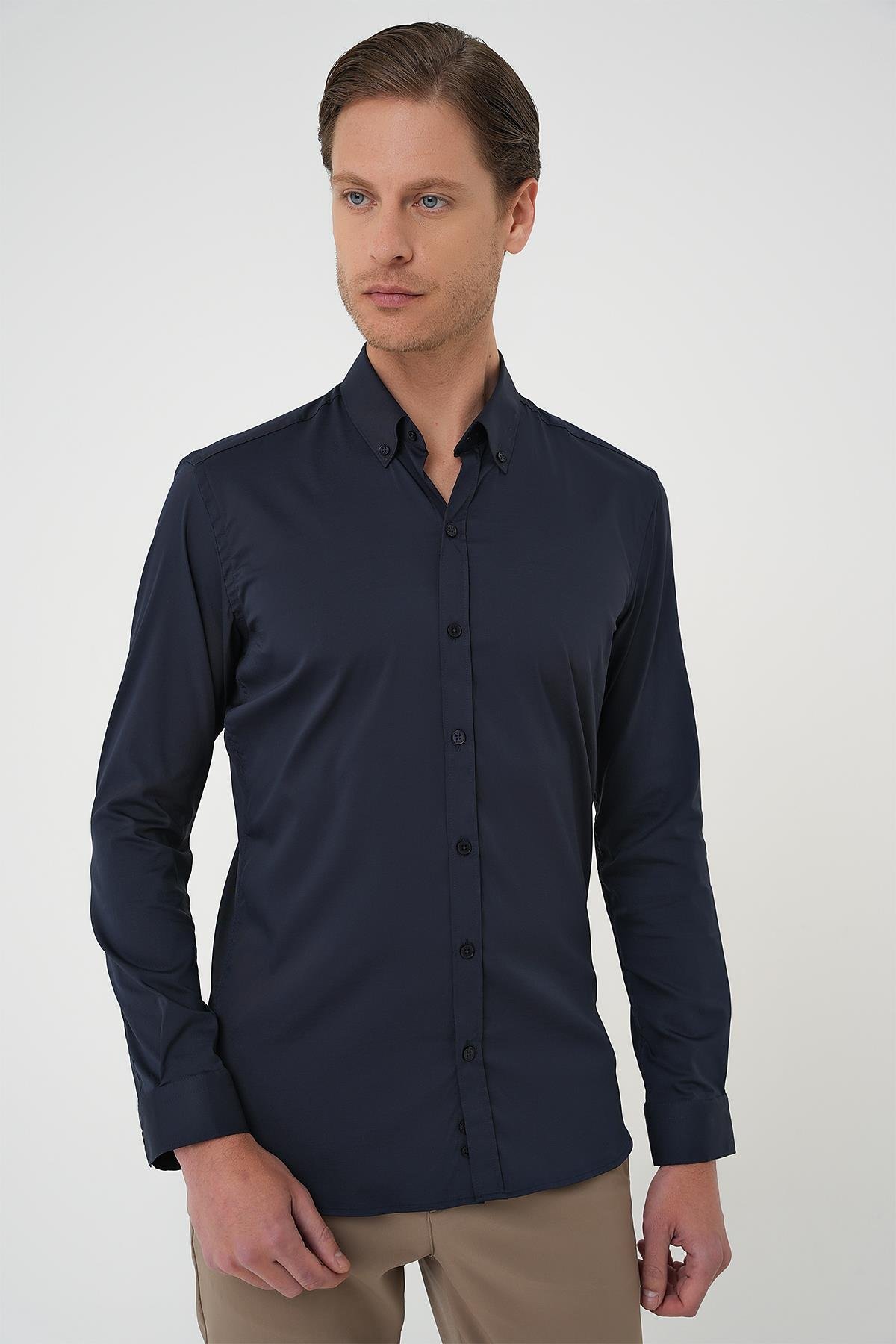 Slim Fit Düğmeli Yaka Esnek Pamuk Klasik Lacivert Gömlek Gk 727