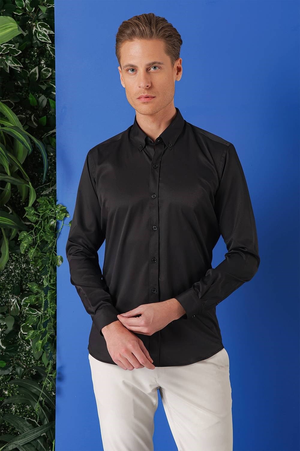 Slim Fit Düğmeli Yaka Esnek Pamuklu Siyah Gömlek Gk 714