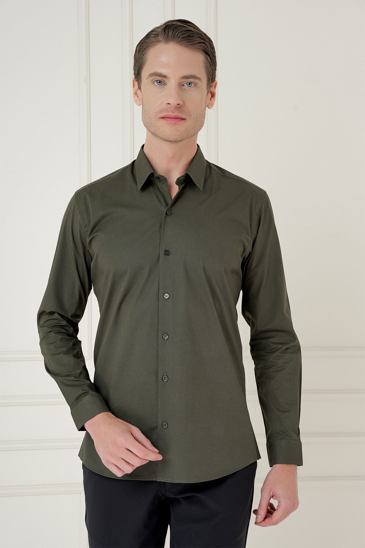Slim Fit Erkek Yaka Esnek Pamuk Uzun Kol Haki Gömlek GK 745