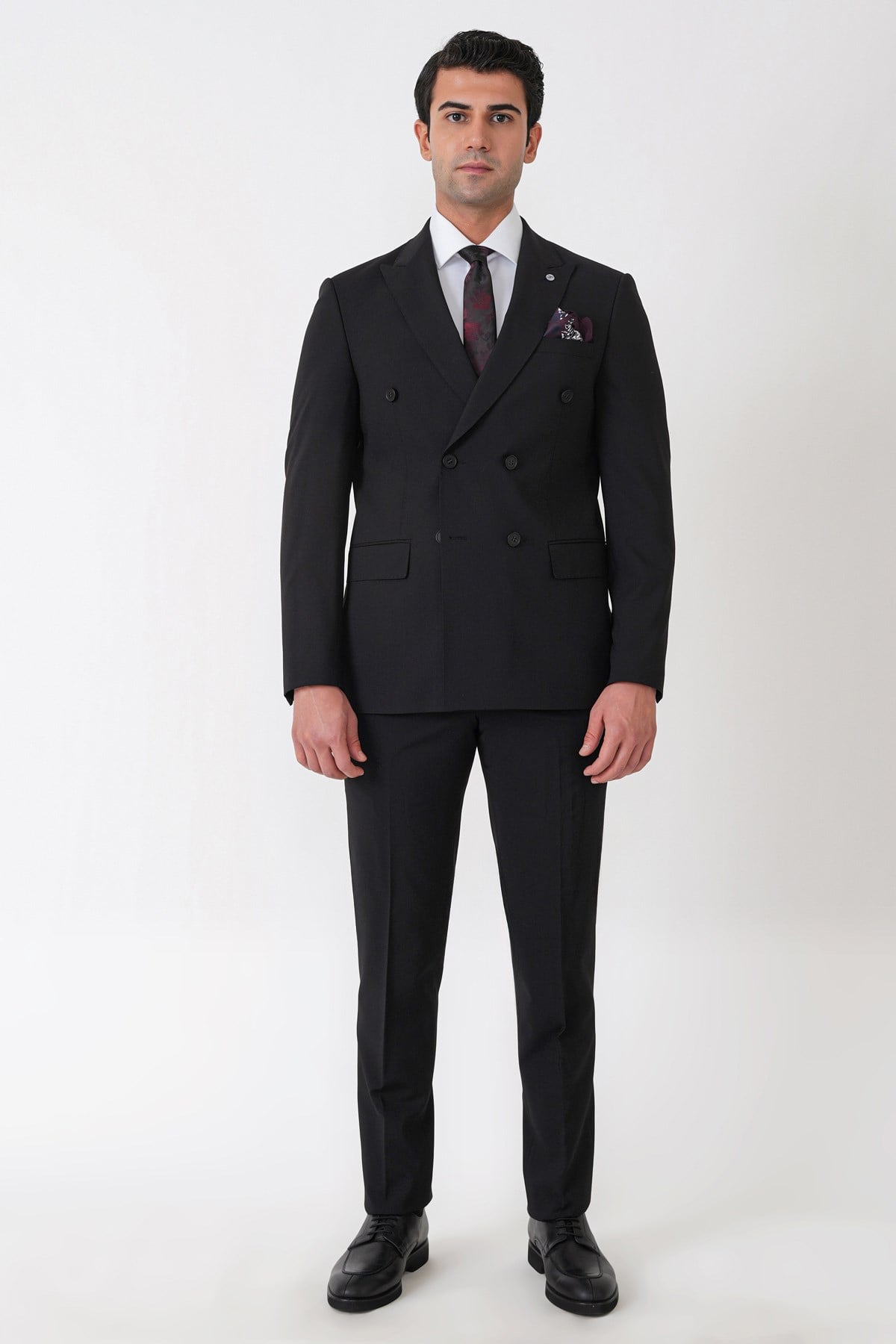 Slim Fit Esnek %97 Yünlü Düz Siyah Kruvaze Takım Elbise TK 956
