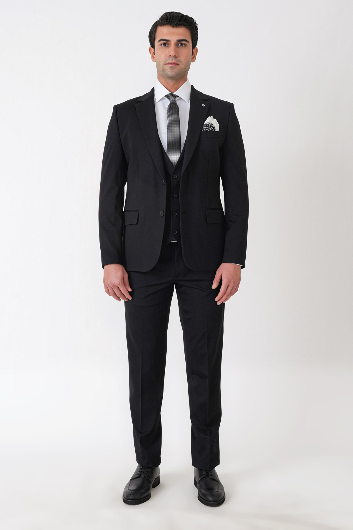 Slim Fit Esnek Pamuklu Dokulu Siyah Yelekli Takım Elbise TK 959