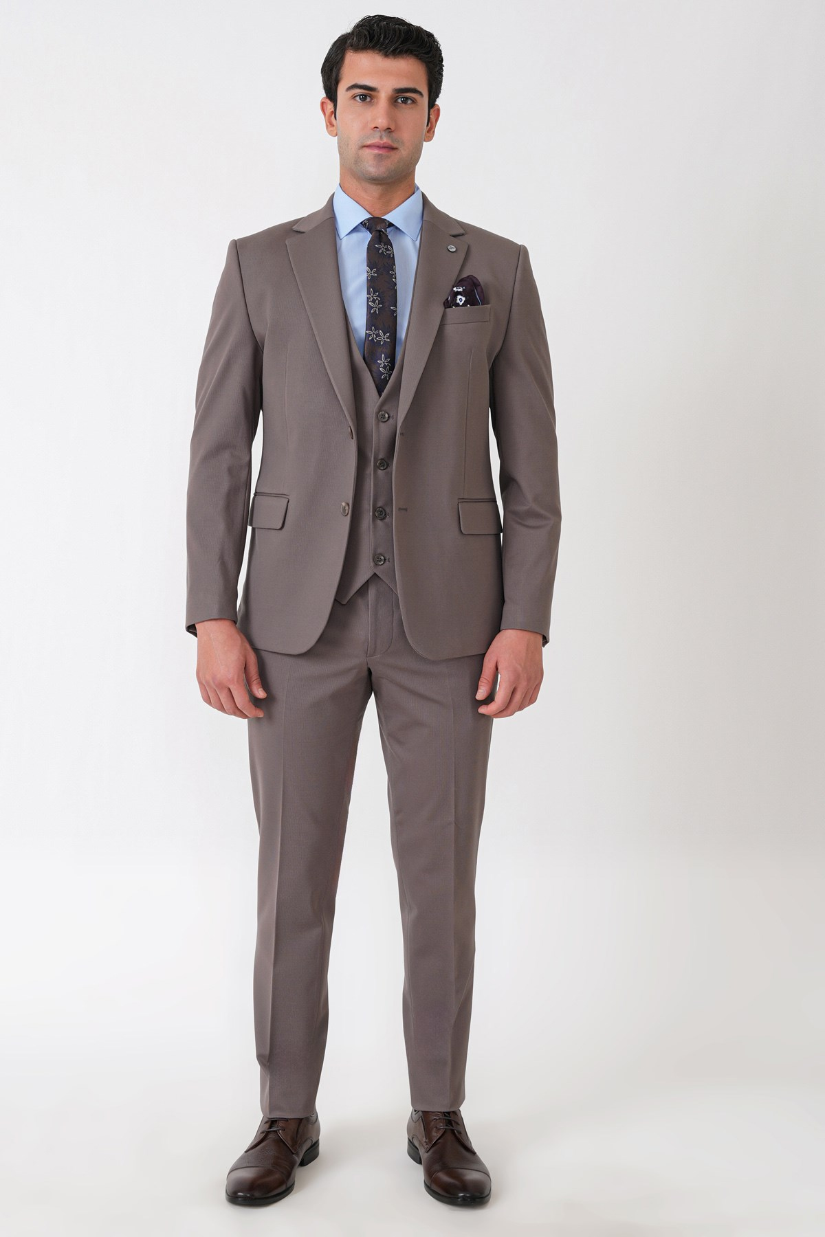 Slim Fit Esnek Pamuklu Dokulu Vizon Yelekli Takım Elbise TK 959