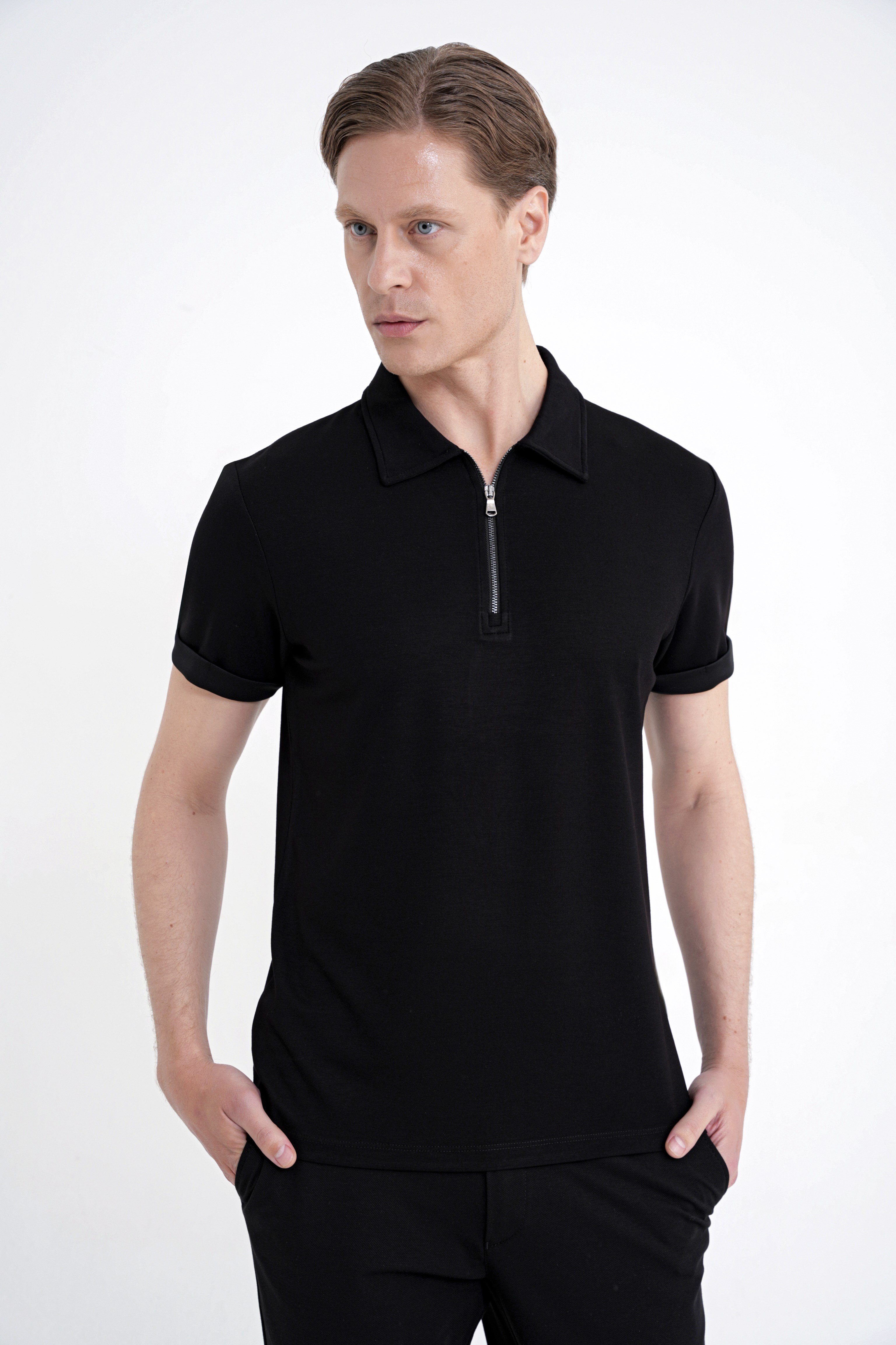 Slim Fit Esnek Pamuklu Fermuarlı Polo Yaka Siyah Tişört TS 926
