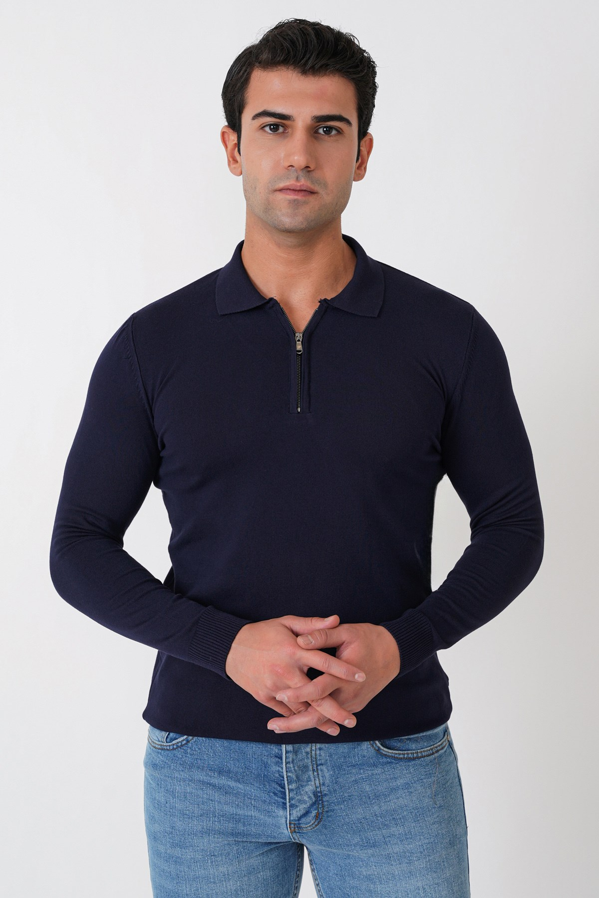 Slim Fit Esnek Pamuklu Fermuarlı Polo Yaka Lacivert Triko TR 902