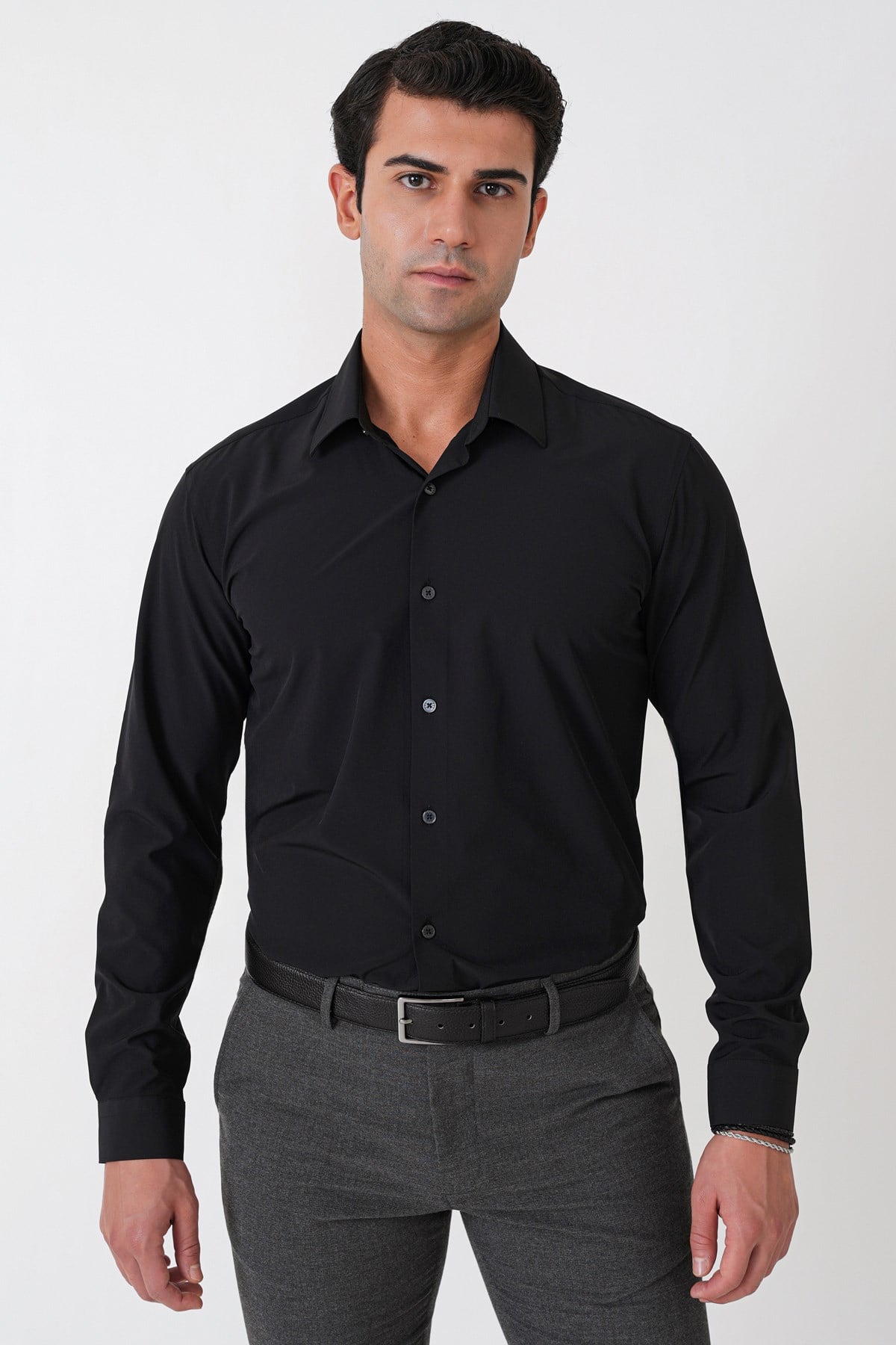 Slim Fit Esnek Pamuklu Siyah Gömlek G 1607