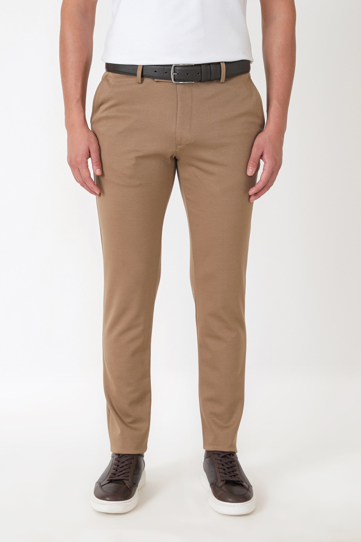 Slim Fit Esnek Pamuklu Yan Cepli Koyu Bej Pantolon P 1231