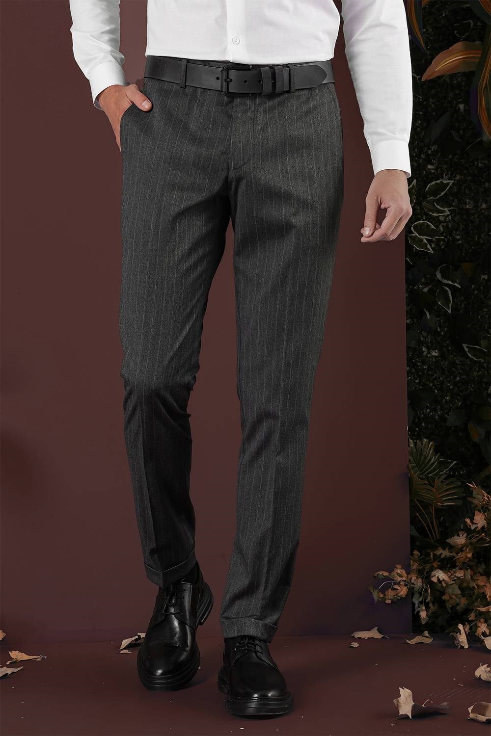Slim Fit Esnek Yünlü Çizgili Füme Kumaş Pantolon P 1134