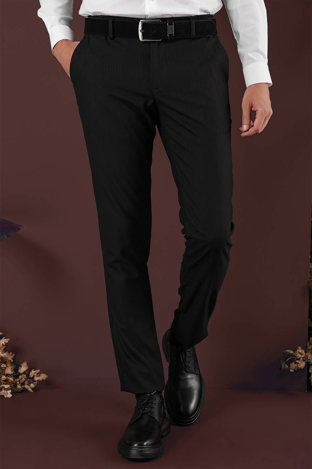 Slim Fit Esnek Yünlü İnce Çizgili Siyah Pantolon P 1136