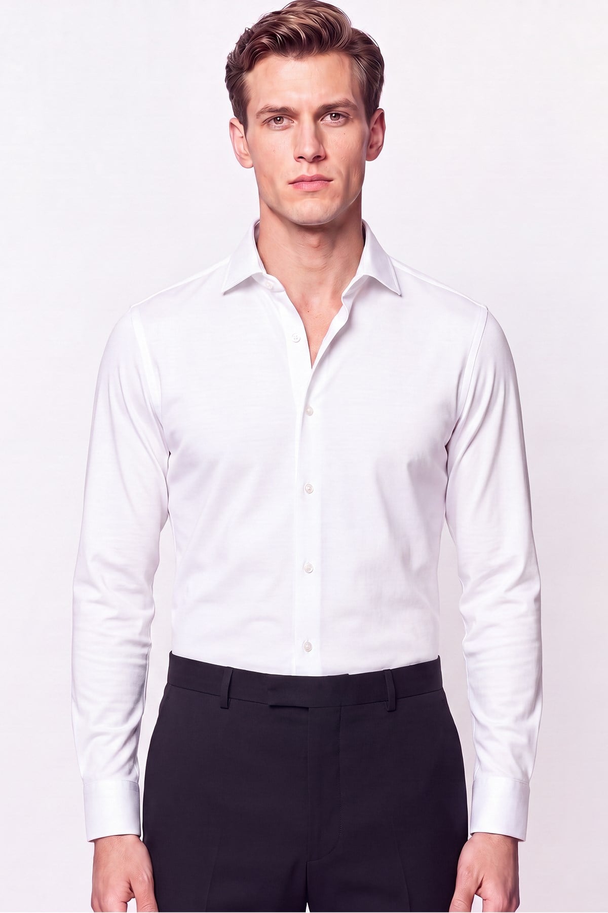 Slim Fit İtalyan Yaka %100 Pamuk Saten Düz Beyaz Gömlek GK 759