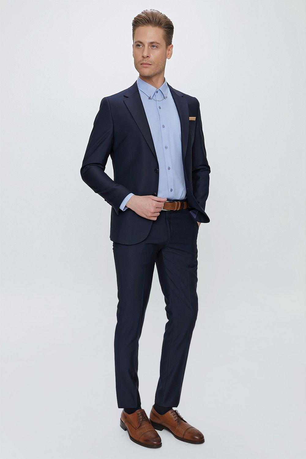 Slim Fit Klasik Mono Yaka Klasik Lacivert Takım Elbise Tk 2021