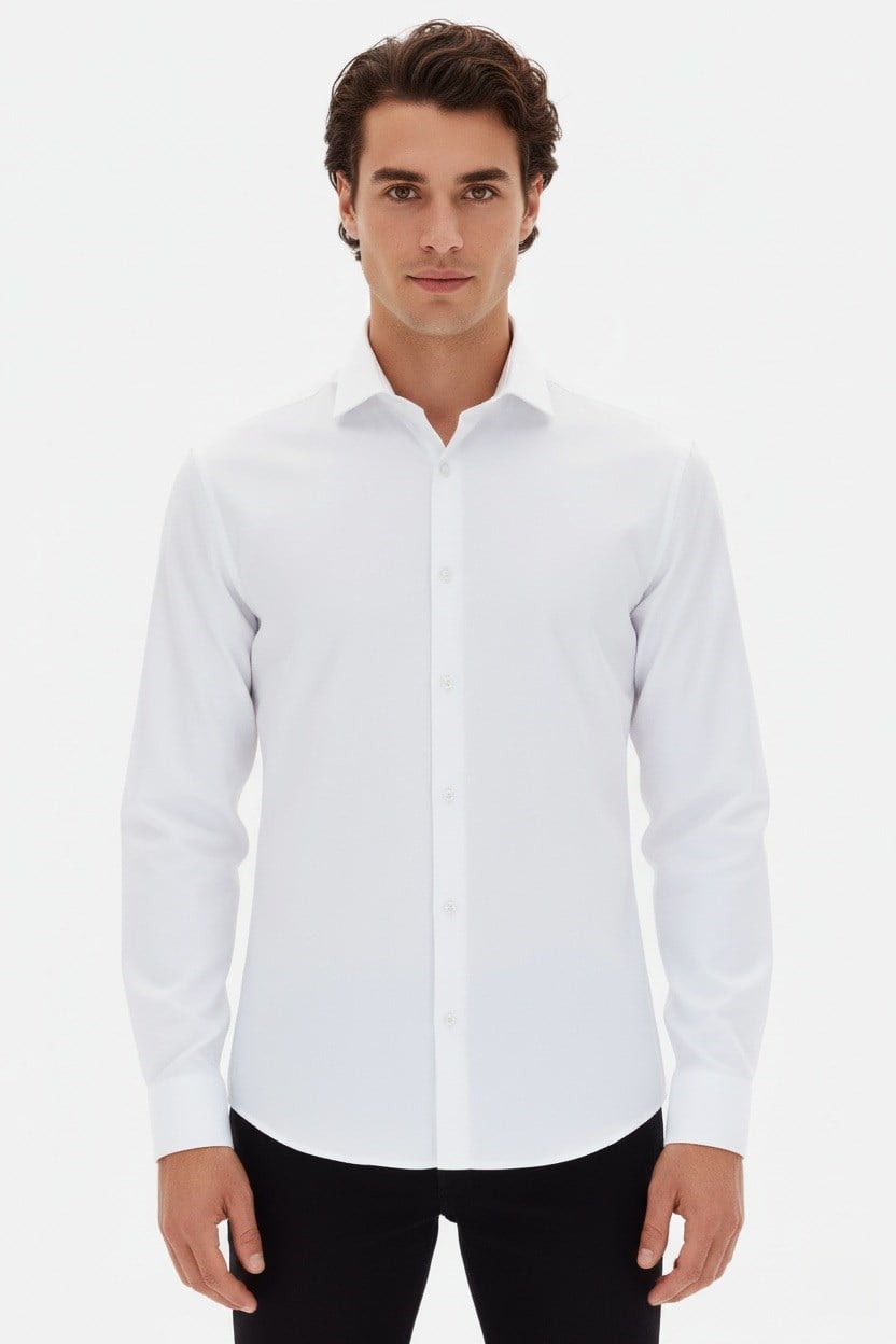 Slim Fit Kravat Yaka Uzun Kol Pamuklu Beyaz Gömlek GK 2025