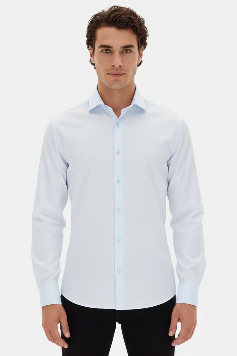 Slim Fit Kravat Yaka Uzun Kol Pamuklu Mavi Gömlek GK 2025