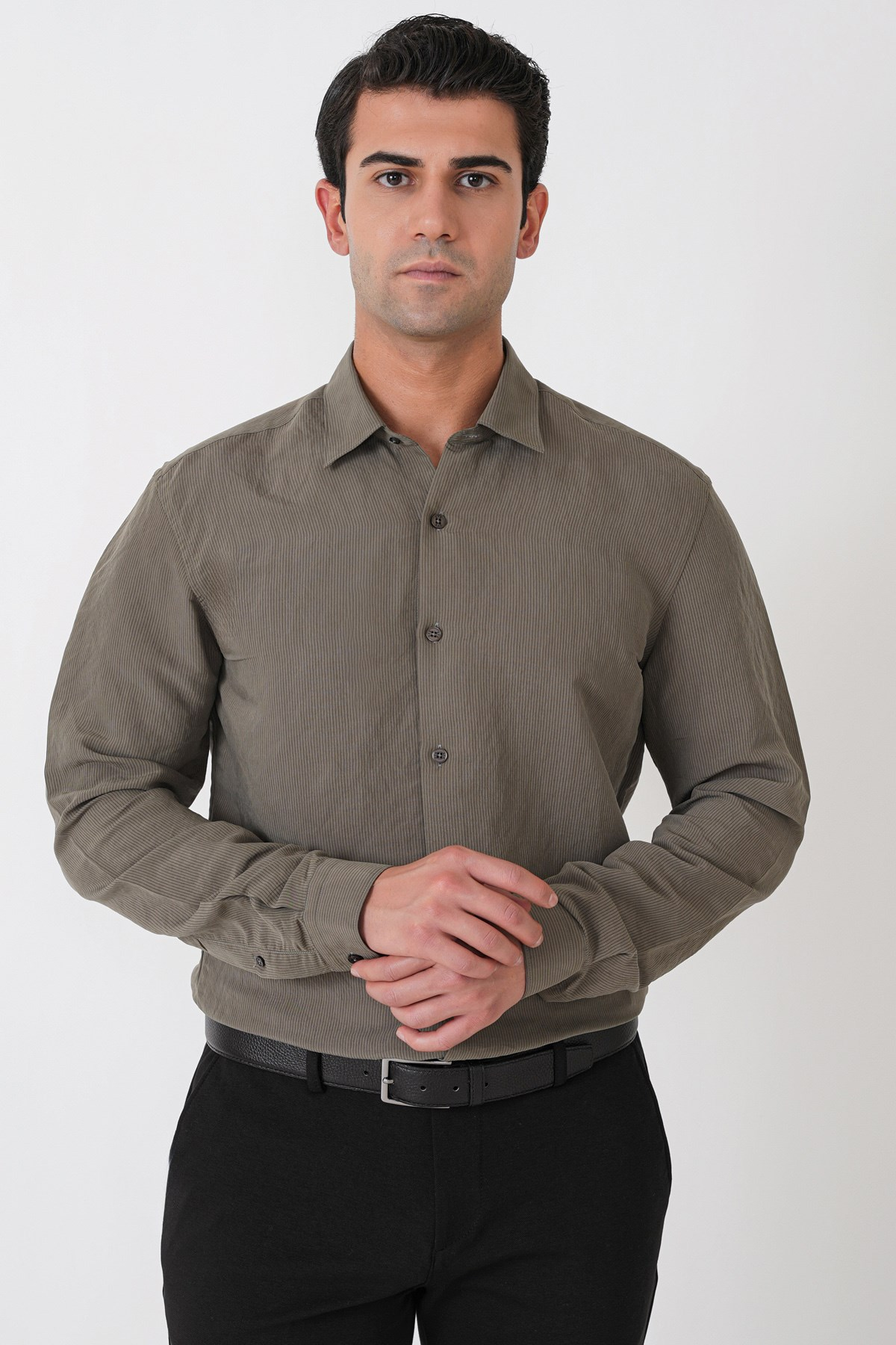 Slim Fit Modal Kumaş Çizgili Dokuma Haki Gömlek G 1609