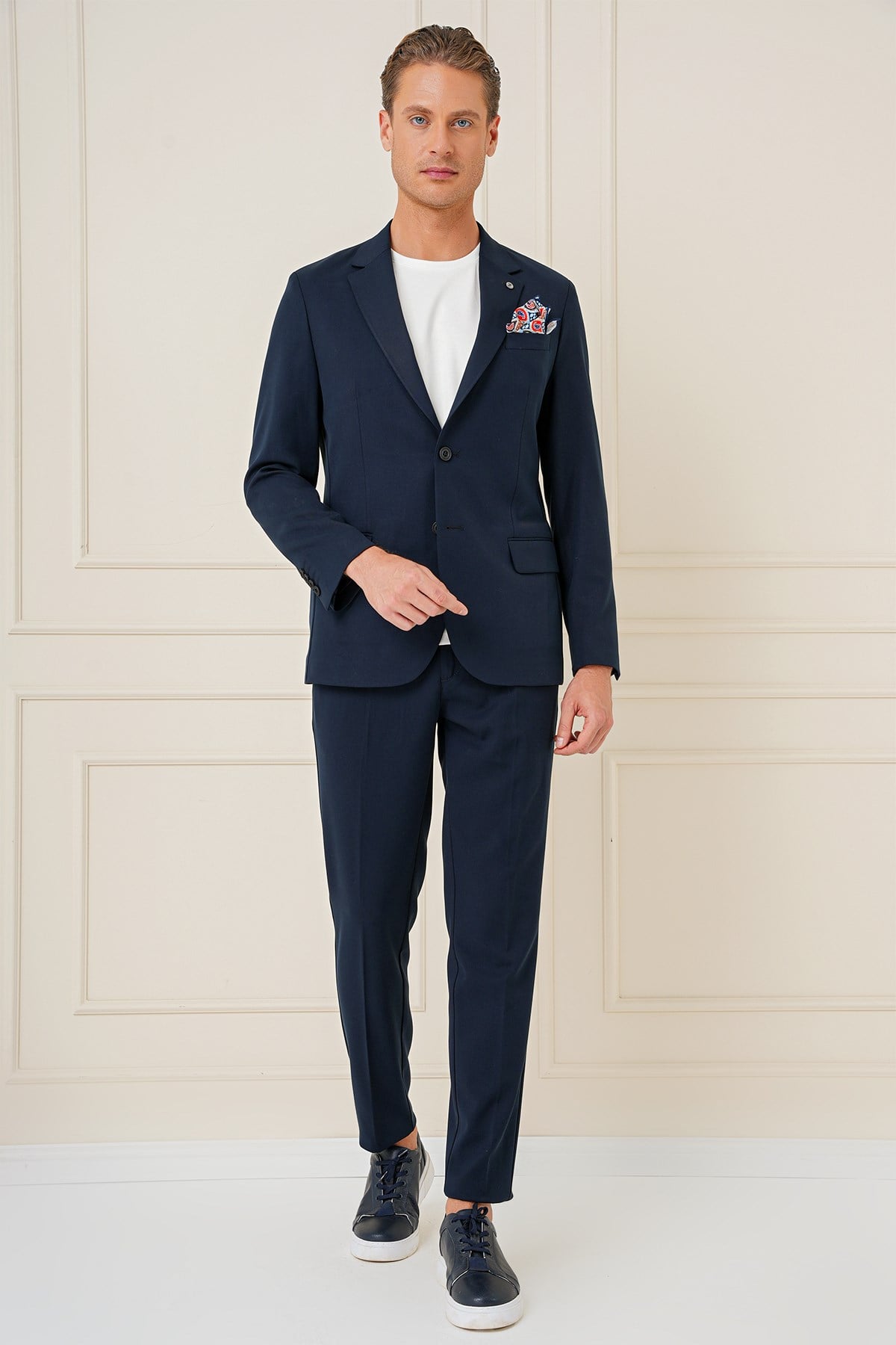 Slim Fit Mono Yaka Çift Yırtmaç Pamuklu Lacivert Blazer Ceket C 691