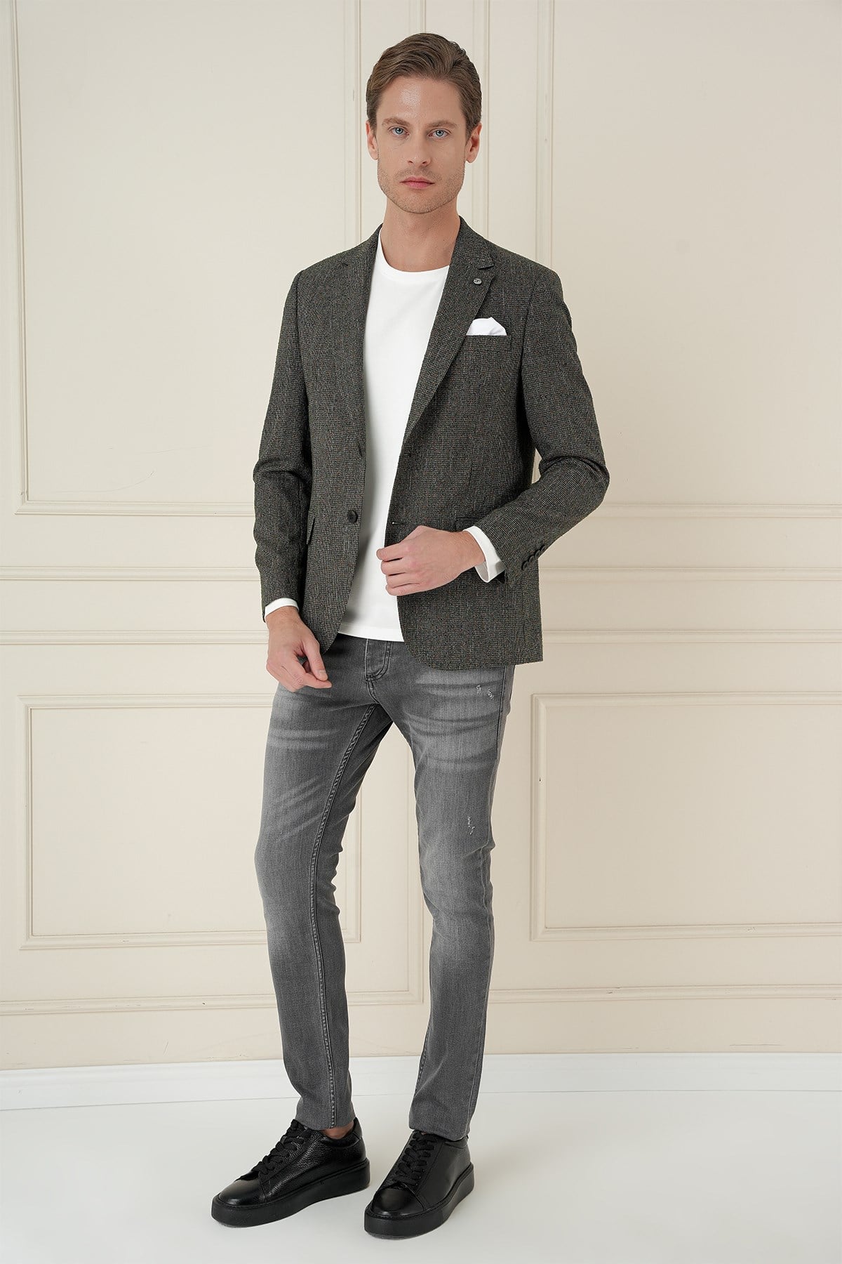 Slim Fit Mono Yaka Kırçıllı Dokuma %100 Yün Haki Ceket C 692