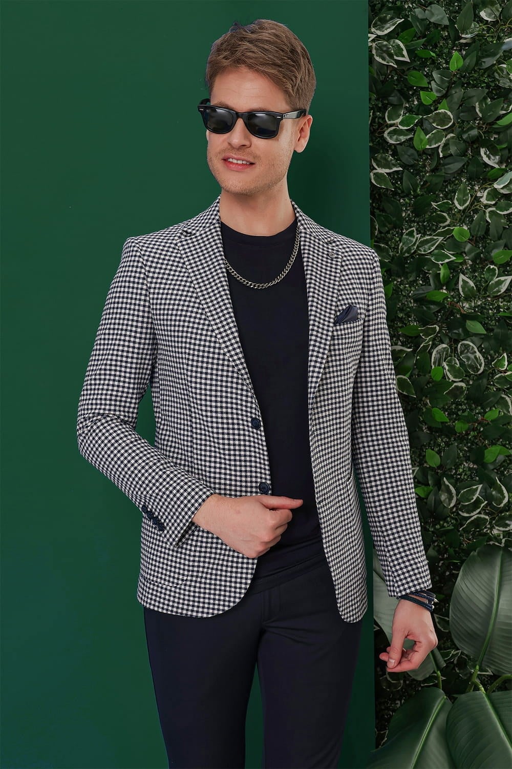 Slim Fit Mono Yaka Torba Cepli Esnek Pamuklu Pötikareli Lacivert Ceket C 638