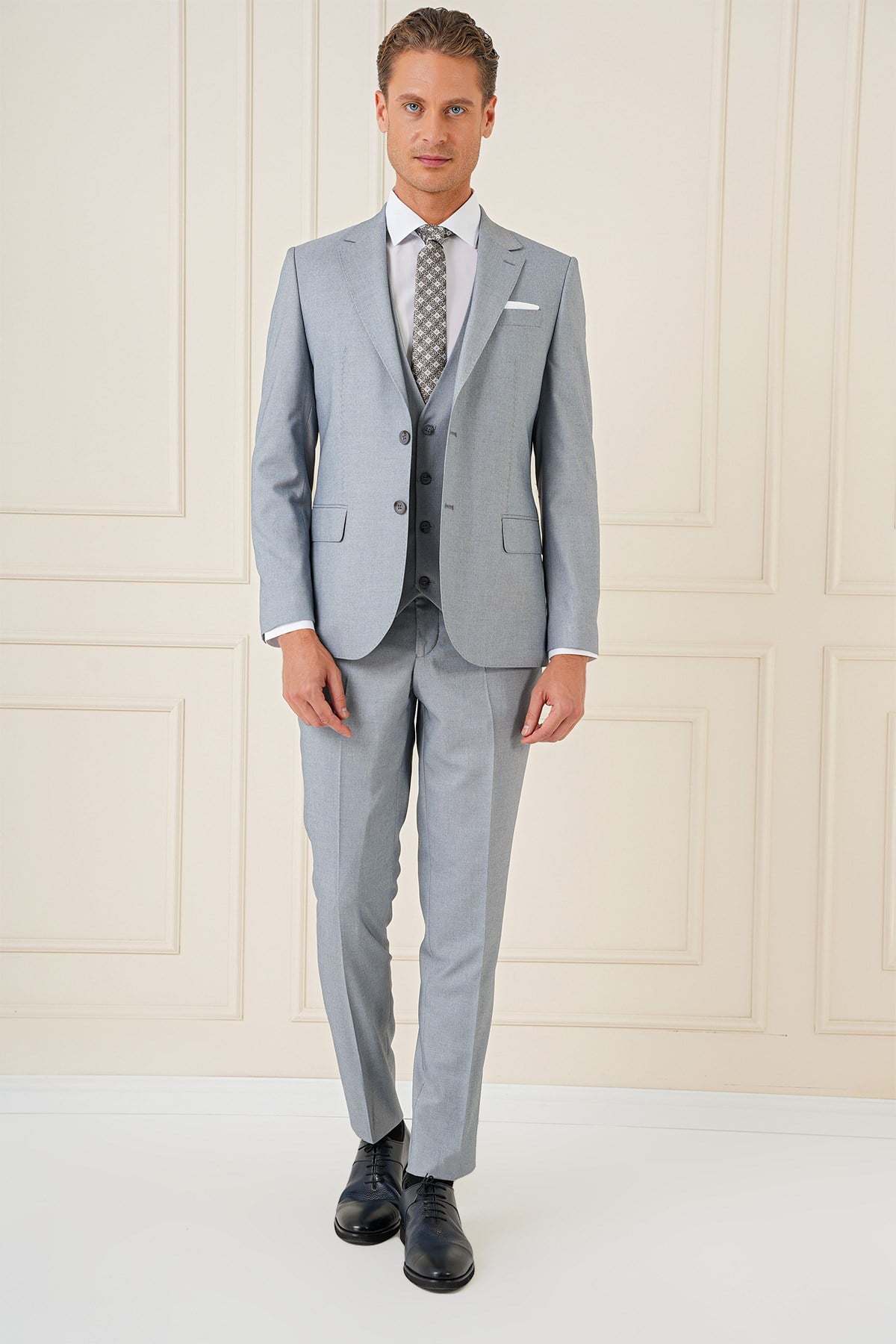 Slim Fit Mono Yaka Yünlü Esnek Gri Yelekli Takım Elbise TK 903