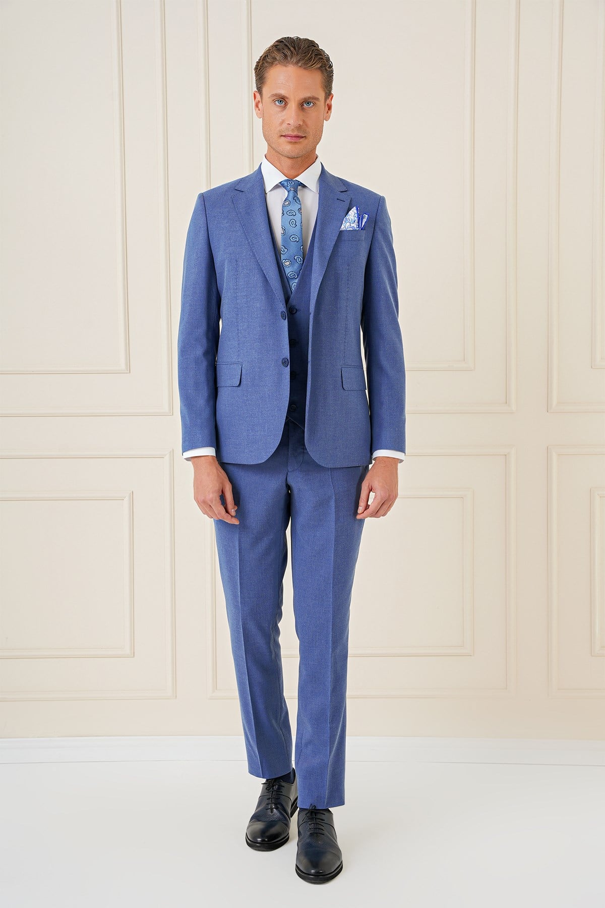 Slim Fit Mono Yaka Yünlü Esnek İndigo Mavi Yelekli Takım Elbise TK 903