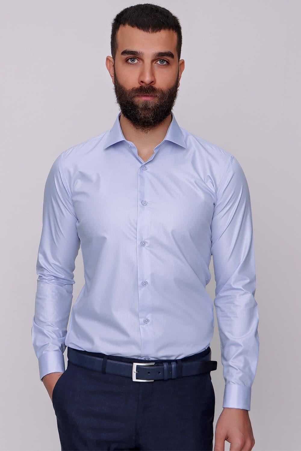 Slim Fit Pamuk Saten Duble Manşetli Klasik Açık Mavi Gömlek  Gk 235