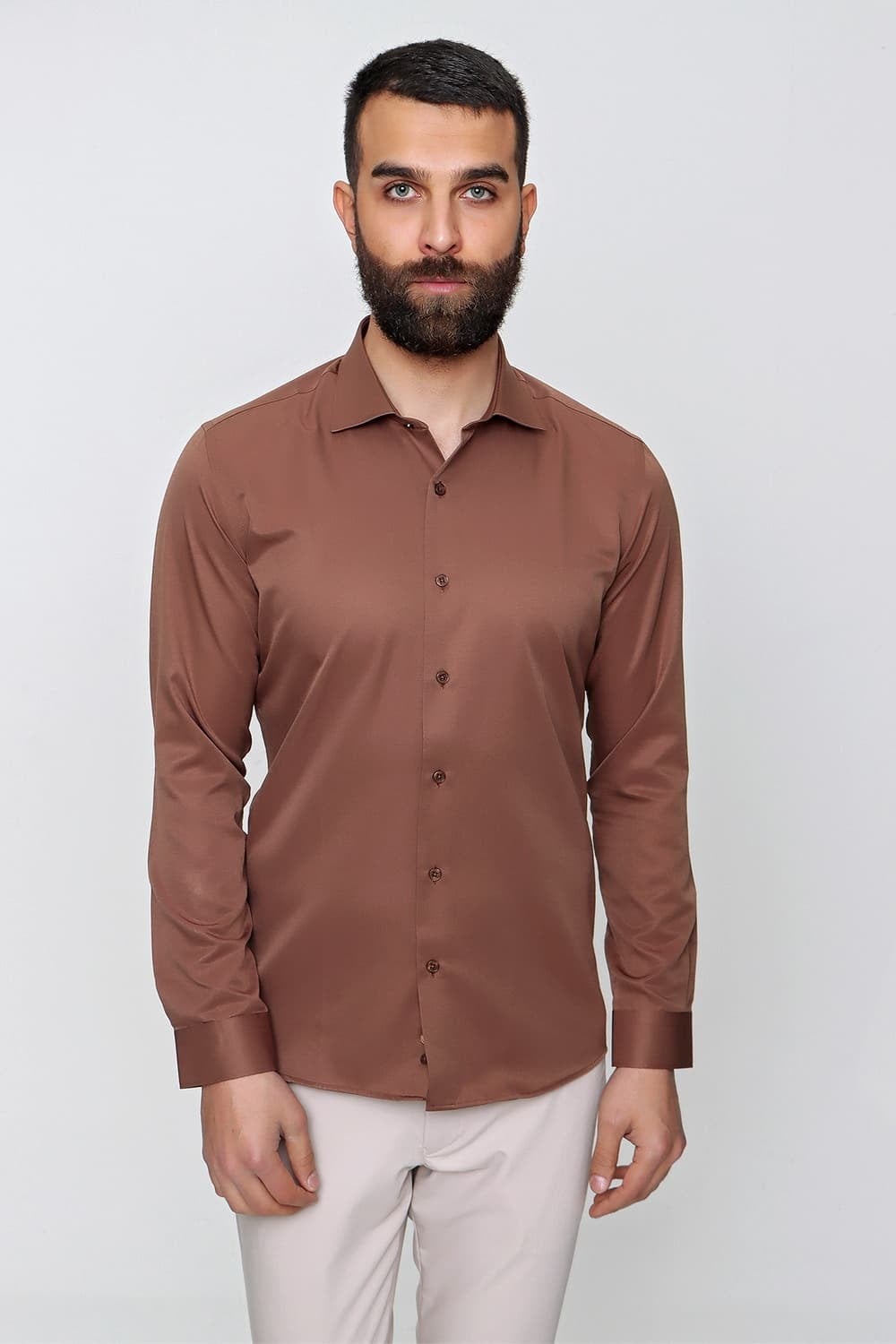 Slim Fit Pamuk Saten Klasik Açık Kahve Gömlek  Gk 604