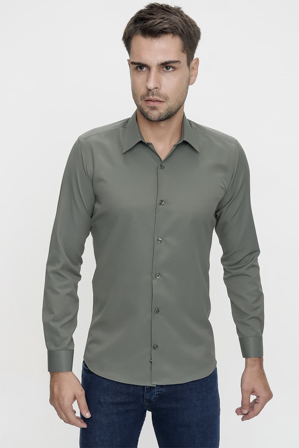 Slim Fit Pamuk Saten Klasik Haki Gömlek  Gk 624
