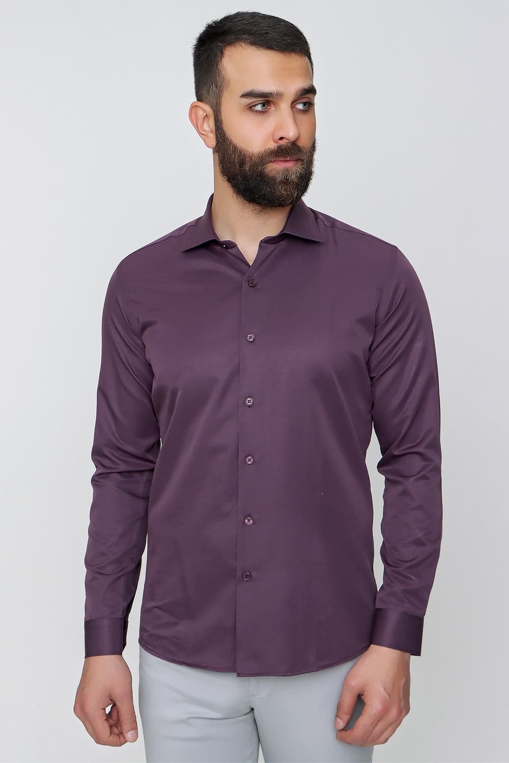 Slim Fit Pamuk Saten Klasik Mor Gömlek  Gk 604